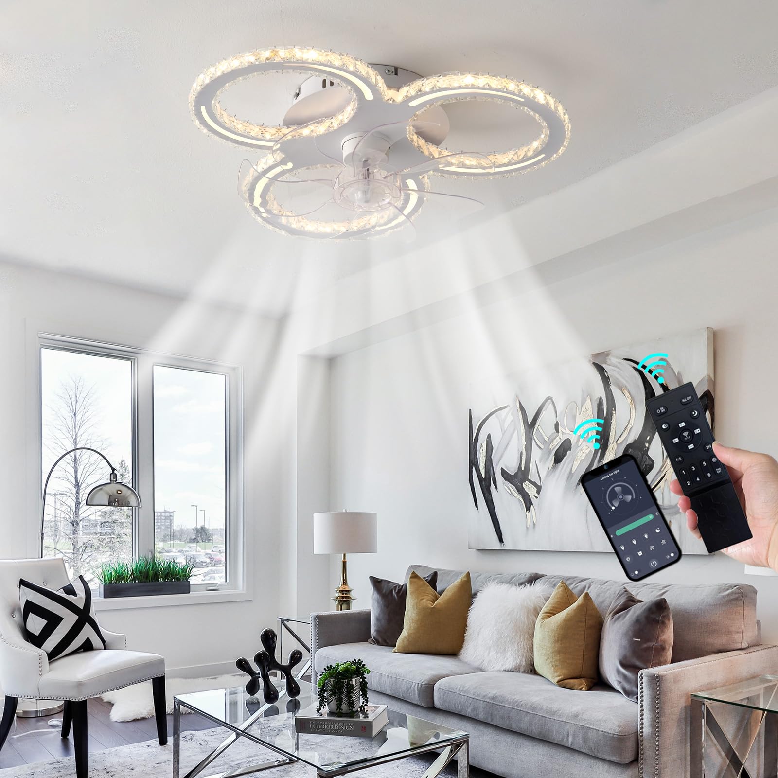 Ventilatore da soffitto a 3 anelli in cristallo con luci e telecomando, motore DC a 6 velocità, silenzioso, bianco, piccolo e moderno, ideale per camera da letto e soggiorno, con LED dimmerabile e fu