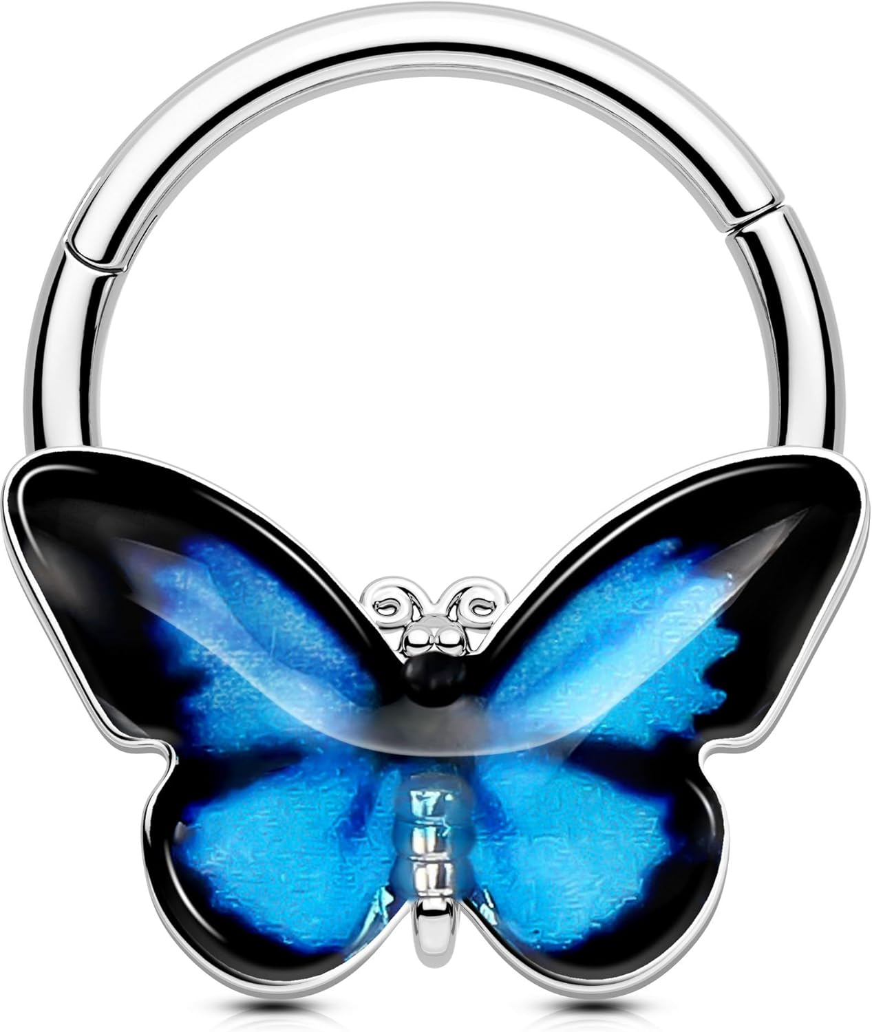 OUFER Butterfly Septum Rings, 16G Daith Septum Piercing Jewelry, Hinged Segment Clicker Daith Helix Cartilage Earrings for Women Men-Blue/Pink