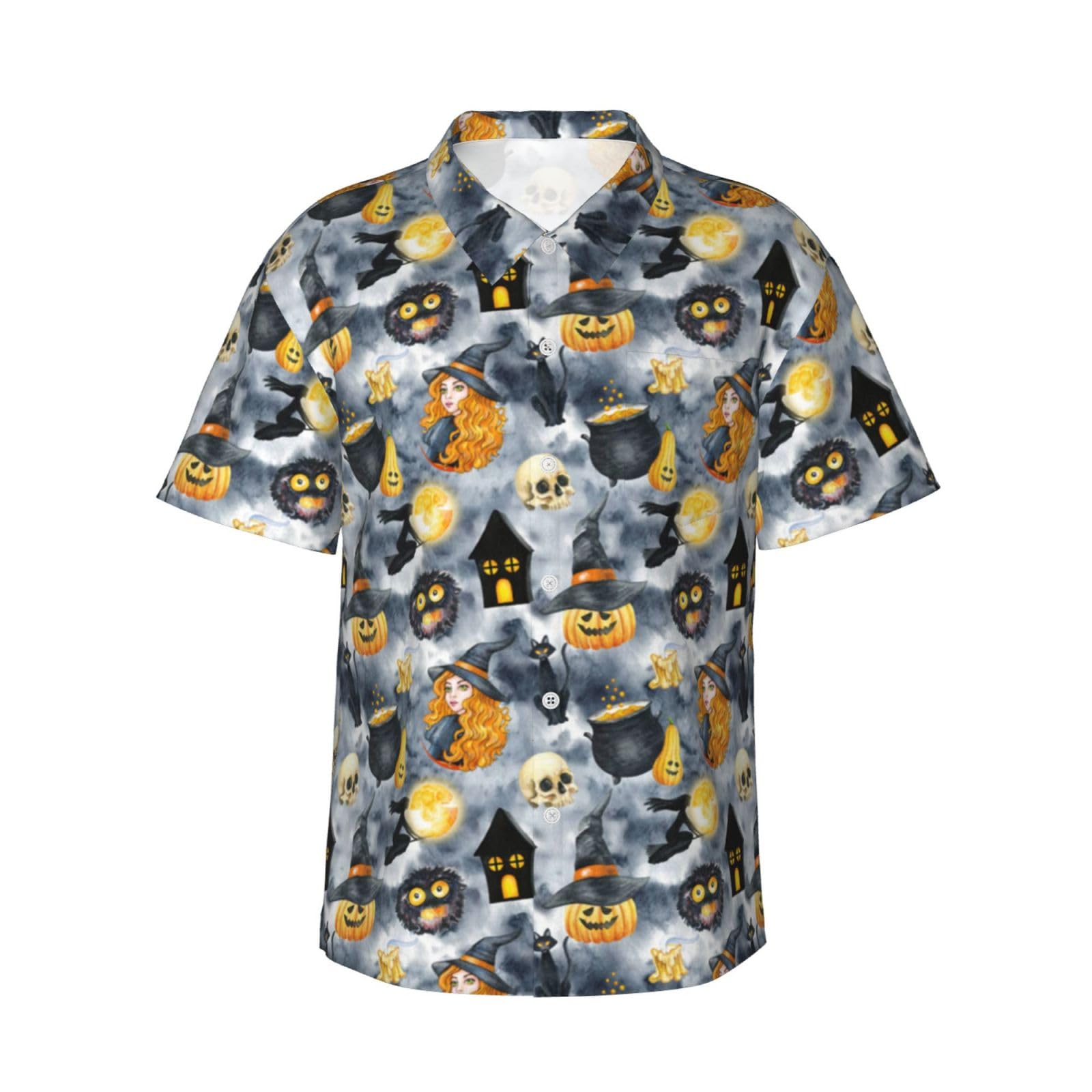 ESASAM Funny Halloween Decor Witch Men's Hawaiian Shirt â€“ Tropical Print Button Down Short Sleeve Beach Shirt, Beach Party Shirt, Vacation Shirt, Short Sleeve Shirt, Casual Shirt