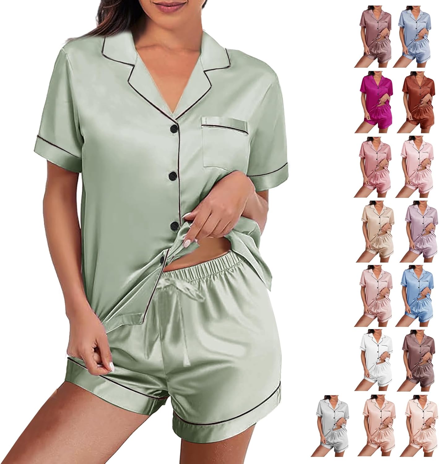 Womens Silk Satin Pajamas Loungewear Two-Piece Sleepwear Button-Down Floral Pj Set XS-4XL - Image 6