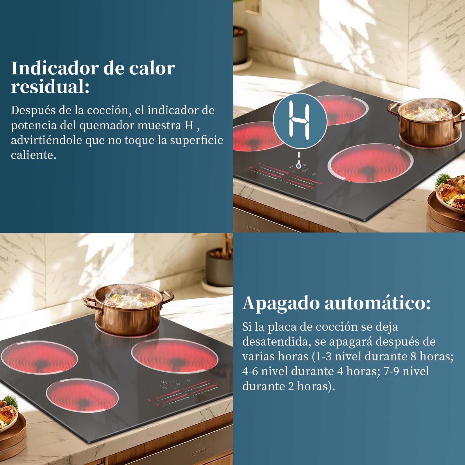 Placa Vitroceramica 4 Fuegos 60 cm Jessier, Control Deslizante, Placa Electrica Cocina 9 Niveles de Potencia, Temporizador, Bloqueo de Seguridad, 220V~240V, 6000W
