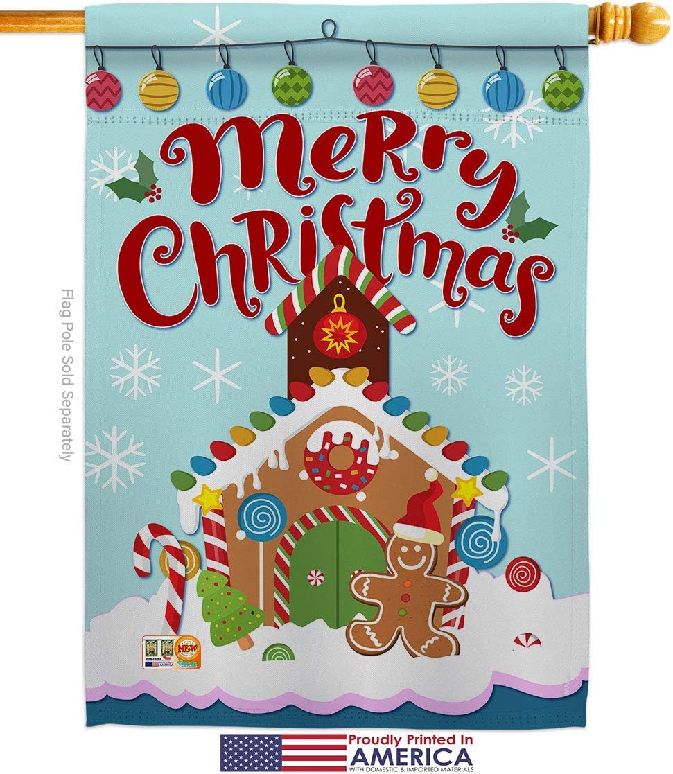 Christmas Gingerbread House Flag Dowel Set Wintertime Santa Marry Xmas Present Reindeer Season Snow Small Decorative Gift Yard Banner Made In USA 28 X 40