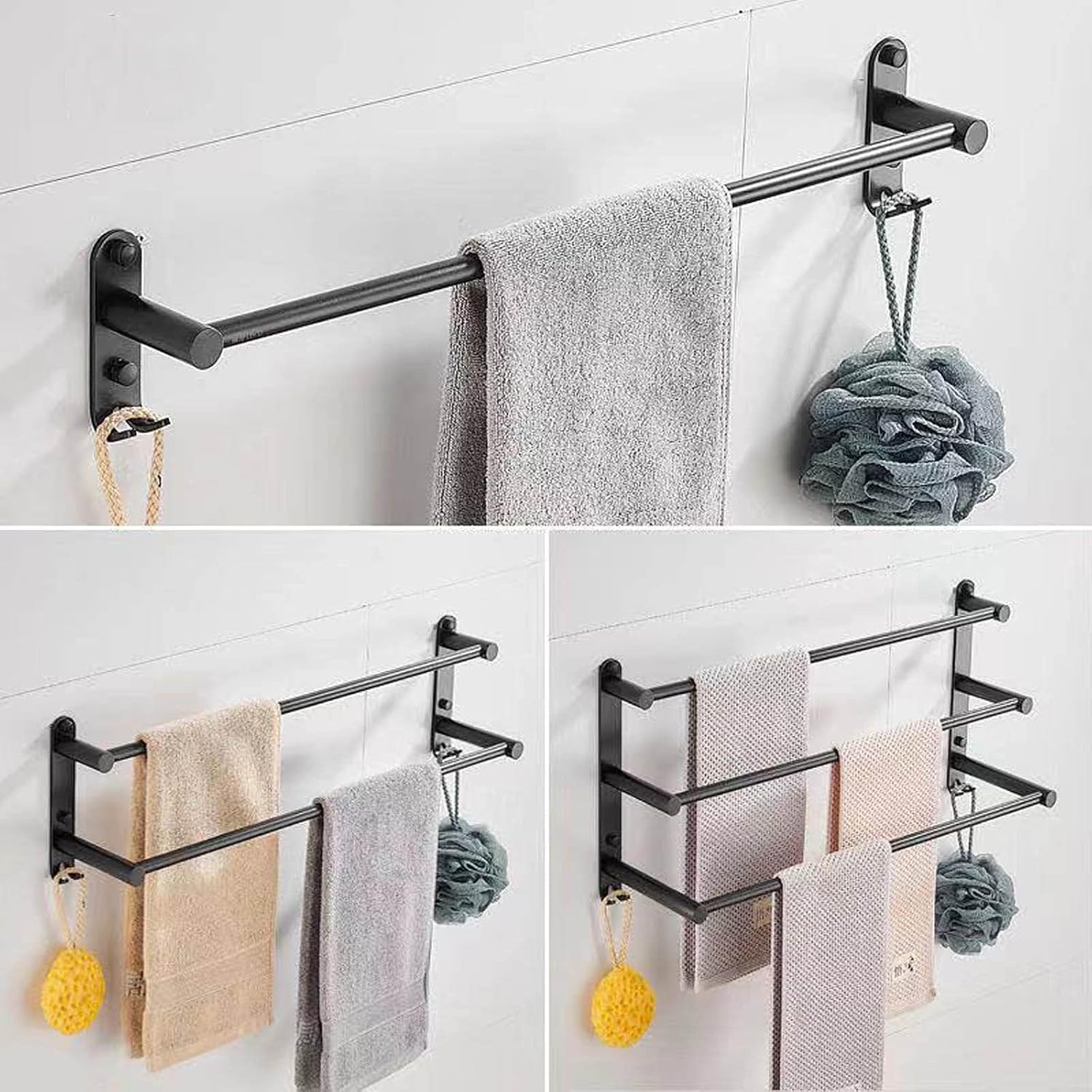 Toallero negro montado en la pared – Soporte adhesivo de 1 nivel para toallas de baño y cocina, 40 cm, ahorro de espacio, elegante y diseño