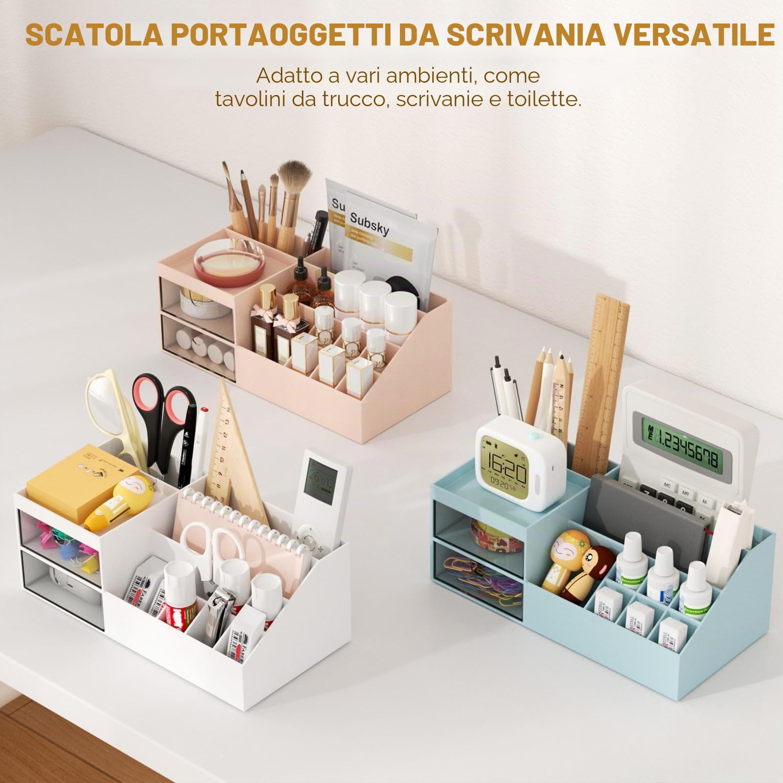 Subsky Porta Trucchi con Cassetti, Organizer per Trucco Multifunzione, Organizzatore Cosmetici da Tavolo, Scatola per Trucco con Grande Capacità per Crema, Profumo e Pennelli (Bianco)