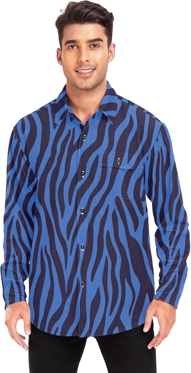 Dark Blue Tigers Fur Texture Woolen Cord Fabric Mens Rugby Shirts Long Sleeve for Women Stylish with Pockets