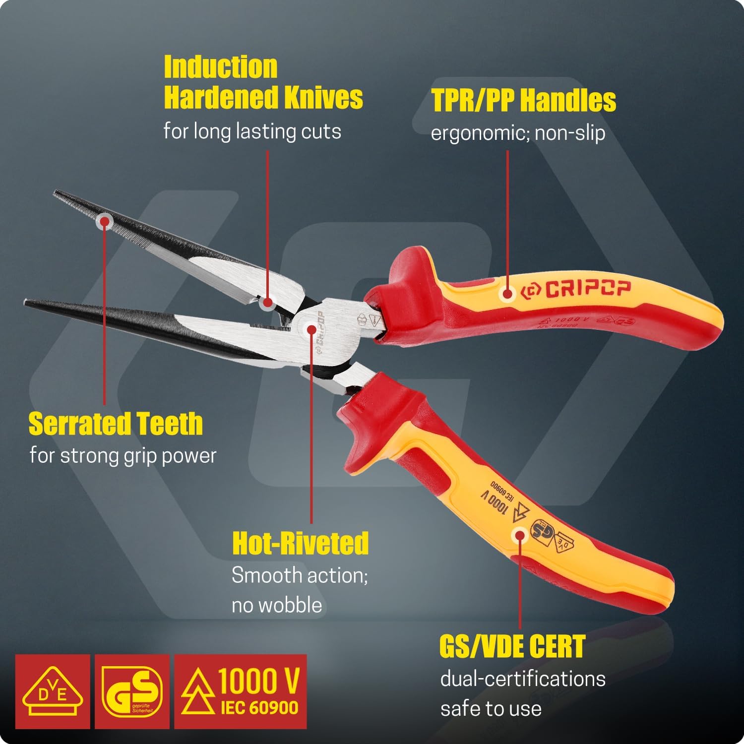 8 Inches Insulated Long Nose Side-Cutting Pliers with Tool Storage Case, 1000V Insulated Electrician Needle Nose Pliers with Laser Hardened Cutting Edges, Forged from Chrome Vanadium