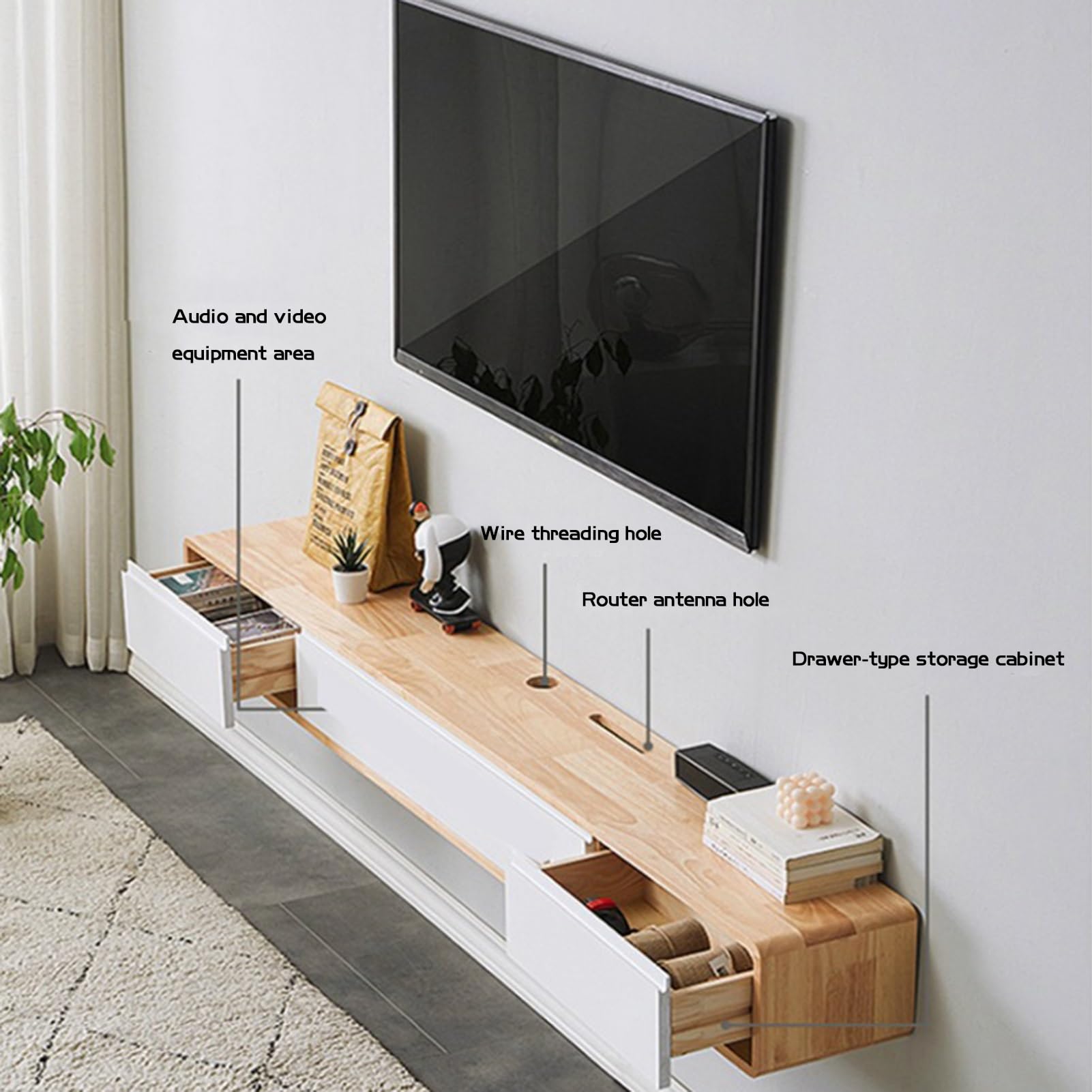 Schwebender TV-Ständer aus Massivholz mit großen Türen, moderner Wandmontage, TV-Schrank, Regale für Unterhaltung, Media-Center, großer Stauraum, TV-Bank (120 cm)