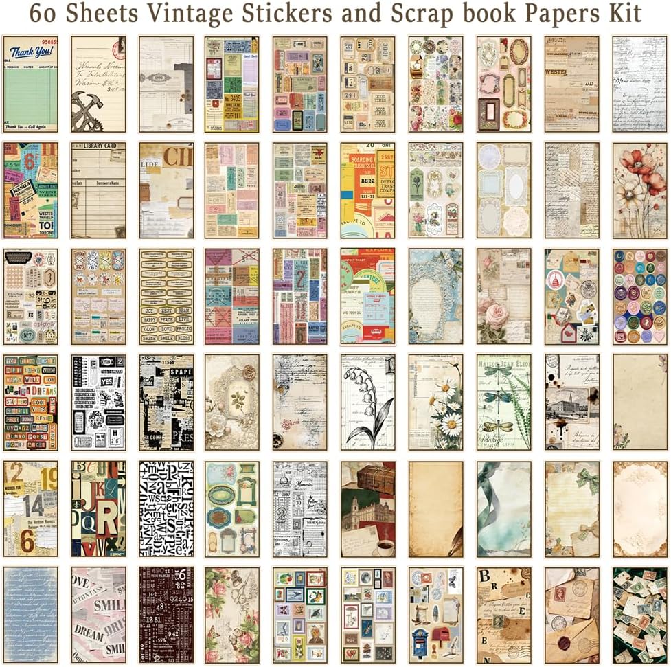 4 Pack Vintage Ephemera Sticker Books, 60 Sheets for Junk Journal Crafts