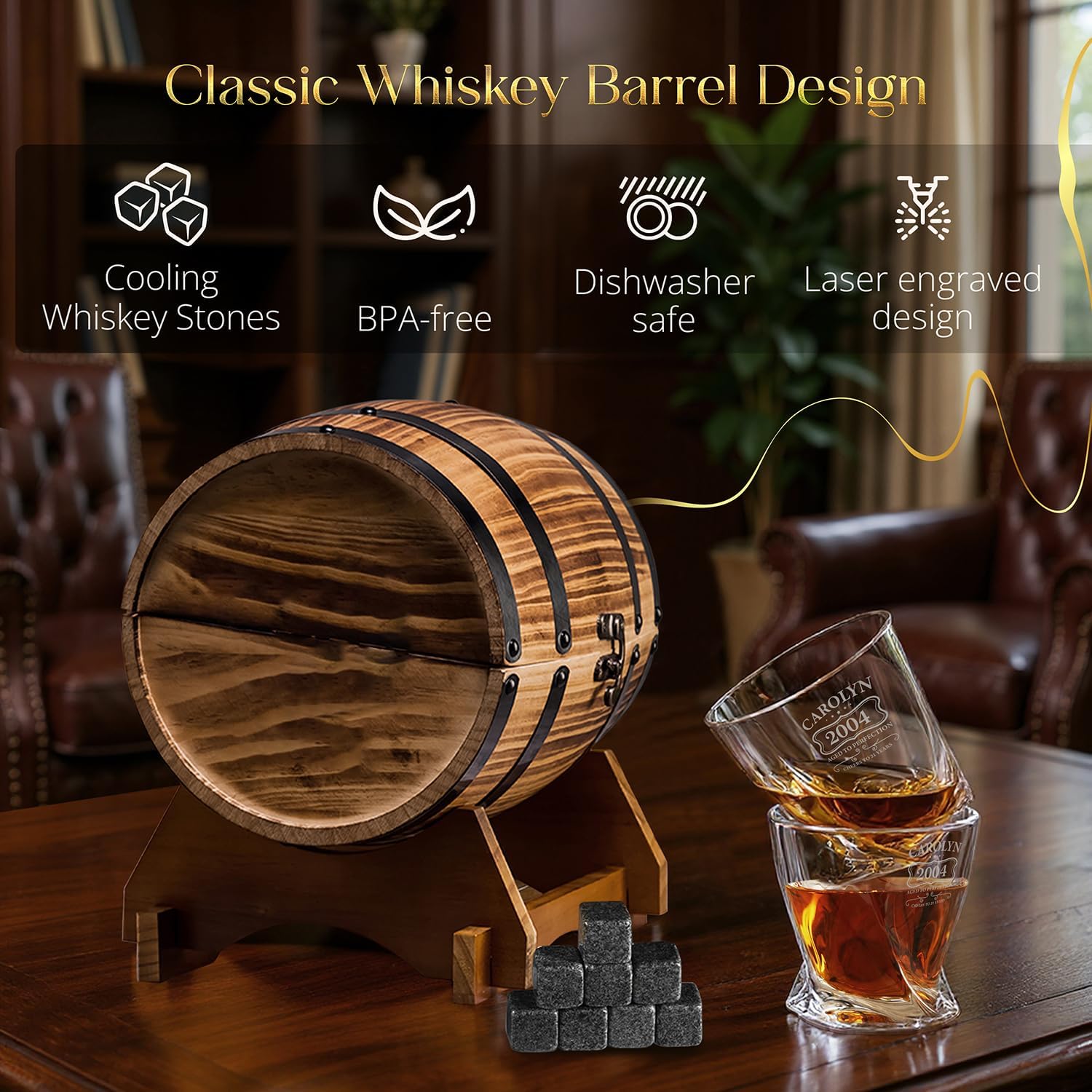 Custom Birthday Whiskey Glass Gift Set of 2 Glasses, 8 Granite Chilling Stones & Tongs in Rustic Wooden Barrel – Personalized Scotch, Bourbon Lovers Gift