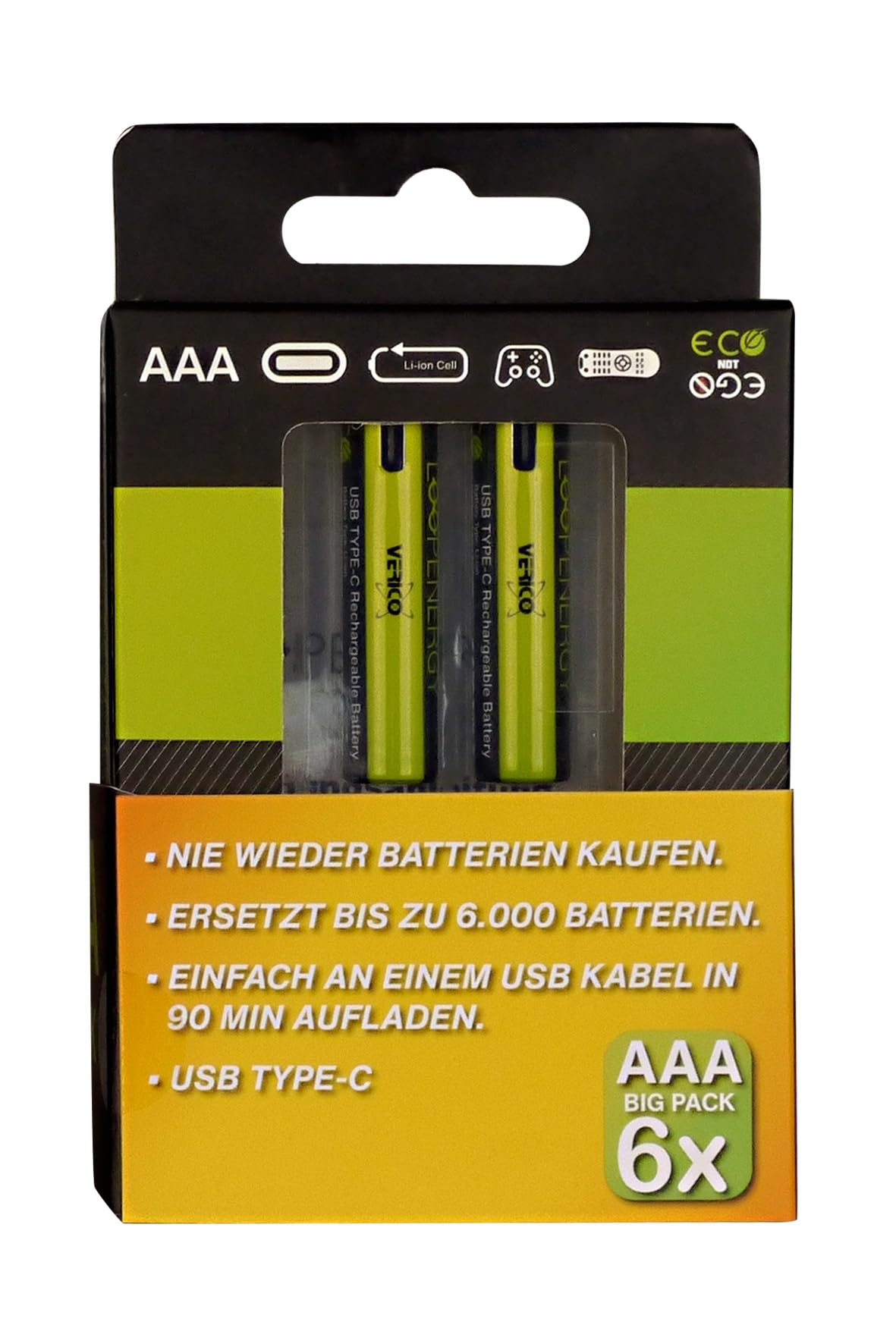 VERICO LoopEnergy AAA 900 Batería recargable USB-C AAA 1,5 V 900 mWh (600 mAh), ion de litio, 6 unidades, carga rápida mediante conector USB-C en aprox. 2 horas, 3 paquetes de 2 unidades AAA, 3 cables