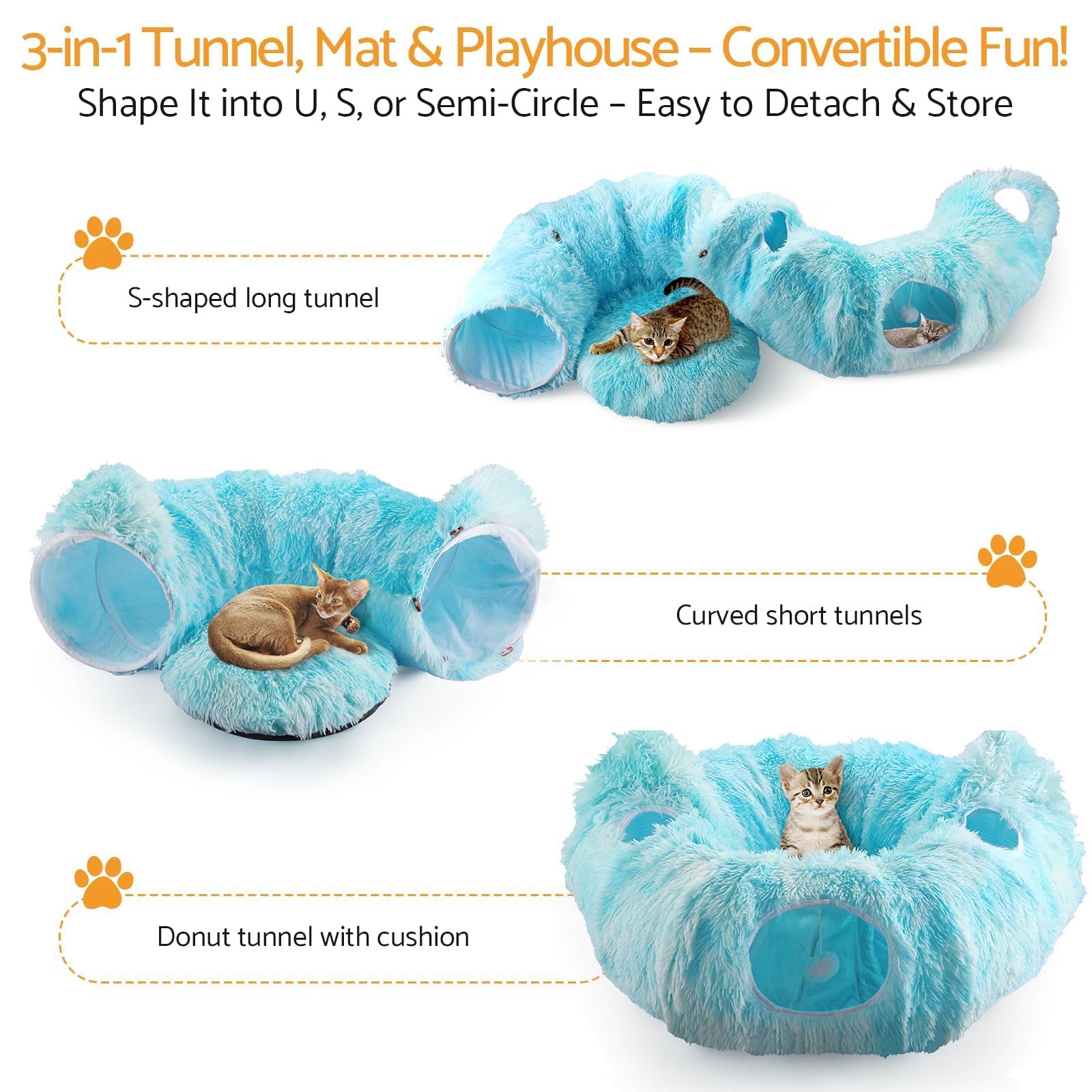 Tunnel Chat Pliable Tunnelle pour Chaton pour Jouer, Courir, se Cacher, Dormir Couffin pour Chats Aire de Jeu Peekaboo,Tunnel avec4 Points d'entrée