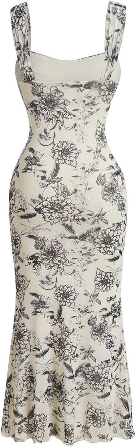 SKAYS Women's Floral Summer Pastel Wedding Guest Dress Mesh Bodycon Ruched Cocktail Midi Sundress - Image 4