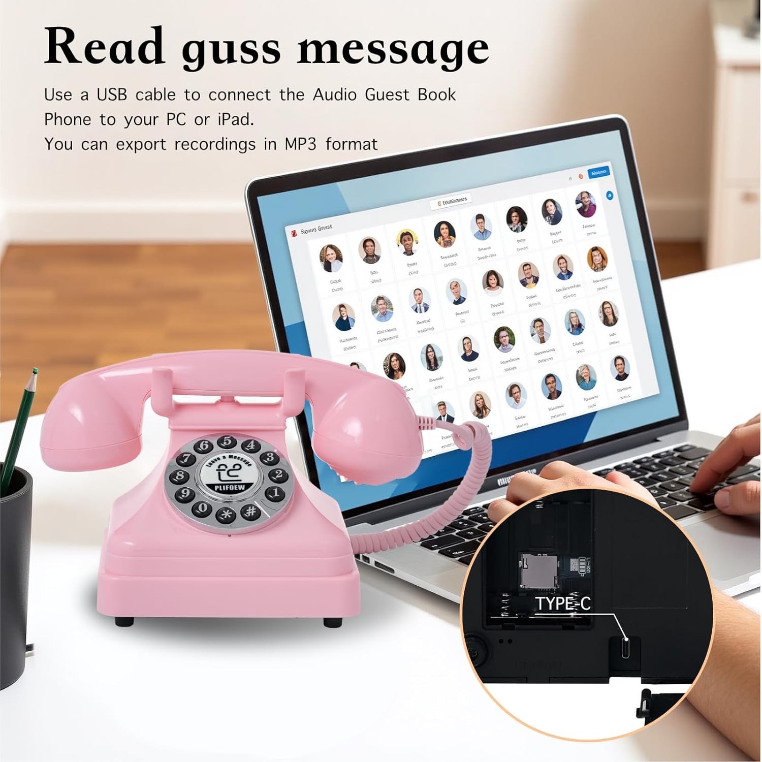 Audio Guest Book Wedding Phone,Audio Guestbook Phone Vintage Style Audio Message Voicemail for Graduation Retirement Party Birthdays Baby Shower Special Occasions (Pink) - Image 5