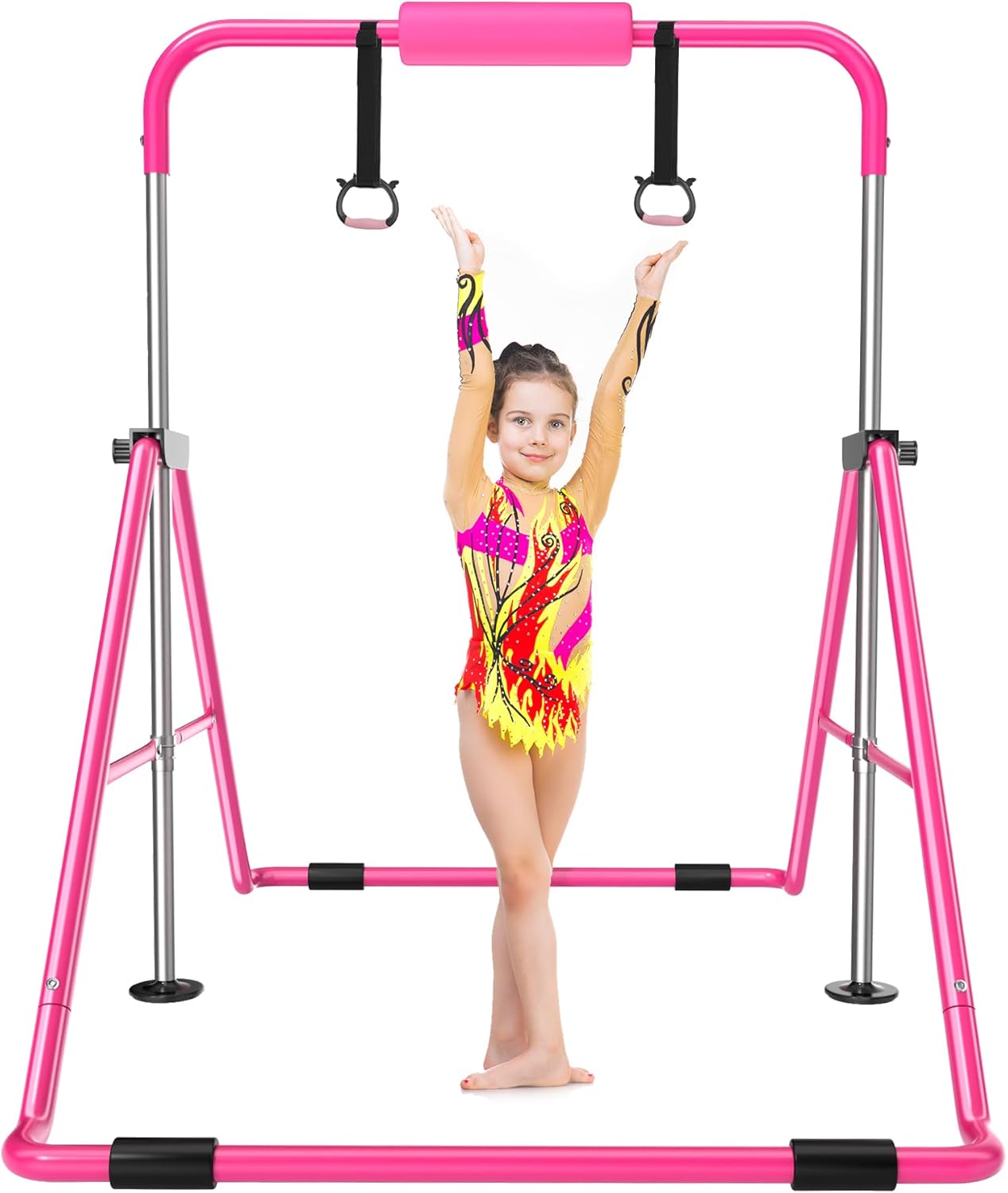 Safly Fun Expandable Gymnastics Bar for Kids - Height Adjustable Junior Training Bar for Home, Folding Gymnastic Horizontal Bars Equipment Pink