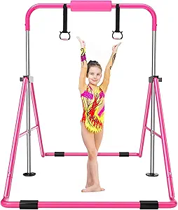 Safly Fun Gymnastics Bar for Kids 3-9, Foldable & Adjustable 35"-51", Supports 140Lbs with Pad, Easy to Assemble, Gymnastics Equipment for Indoor/Outdoor Training