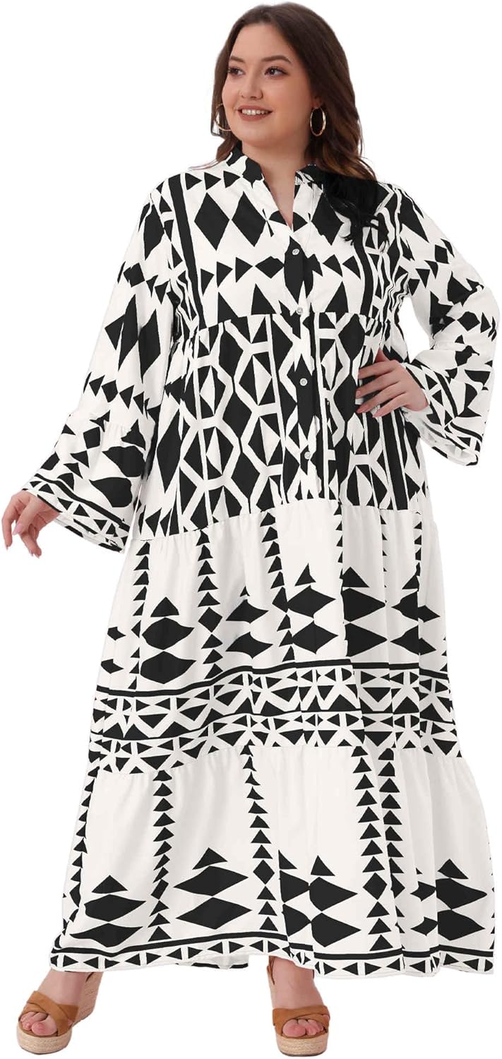 Agnes Orinda Plus Size Womens Button Long Flared Bell Sleeve Tiered Maxi Dress Flowy A Line Pattern Dress Casual Fall - Image 3
