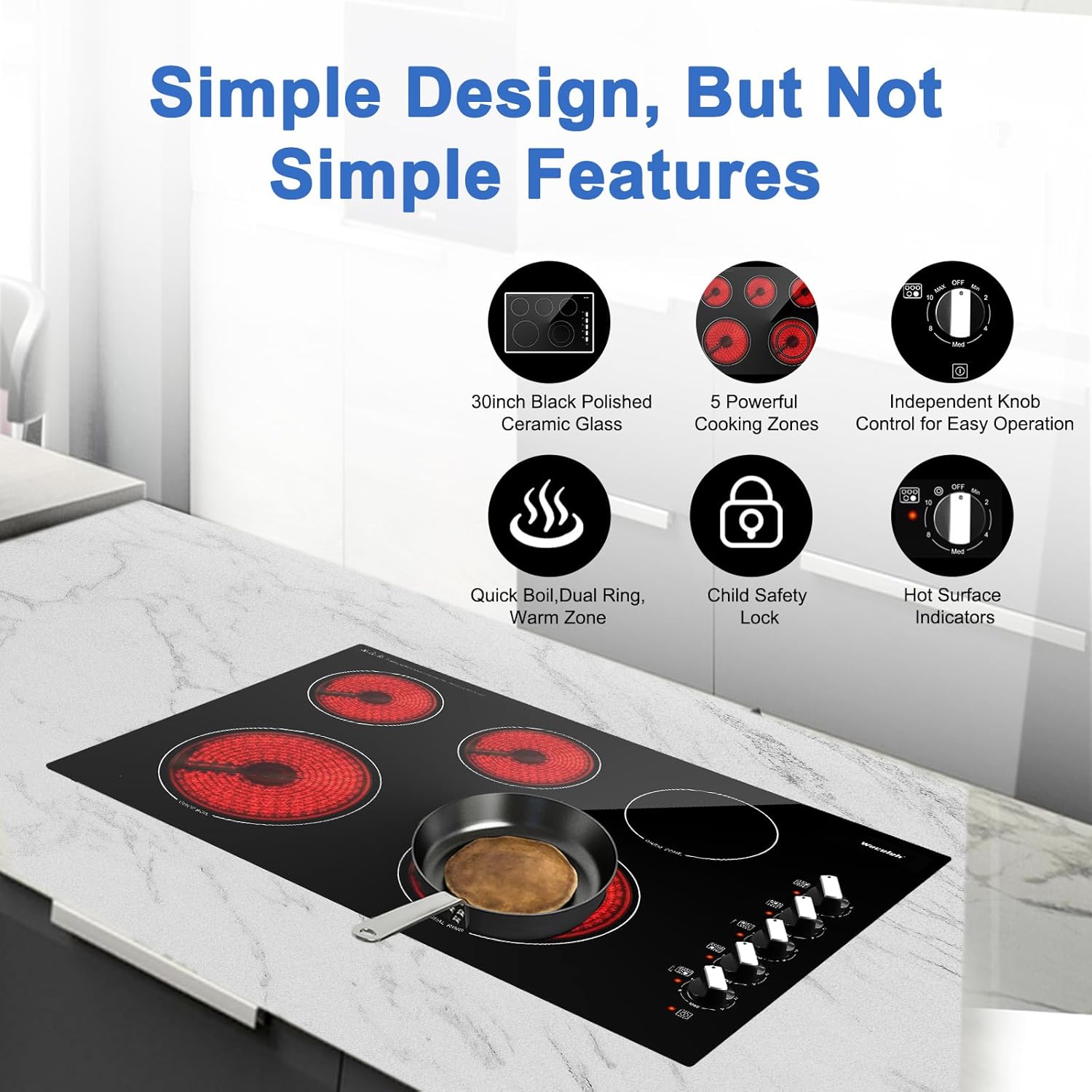 30 Inch Electric Cooktop, 5 Burners Built-in Cooktop, 7300W Knob Control Electric Stove Top with 11 Power Levels, Safety Lock, Dual Ring, Heat Retention Function, Hot Surface Indicator