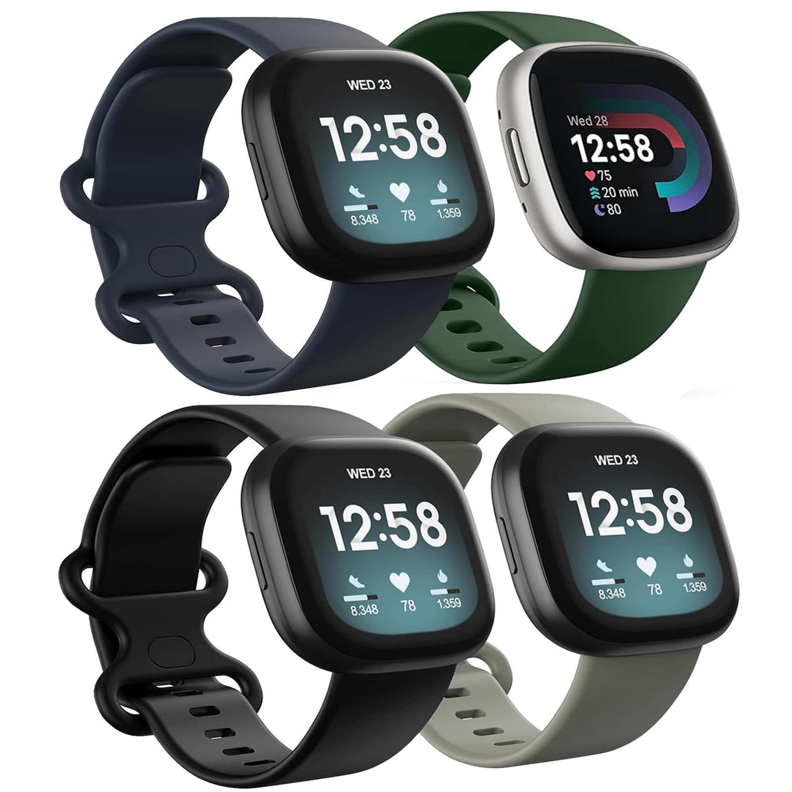 4 Pack Waterproof Bands fit for Fitbit Versa 3 / Versa 4 / Sense/Sense 2 Bands, Classic Soft Sports Replacement Wristbands for Women Men