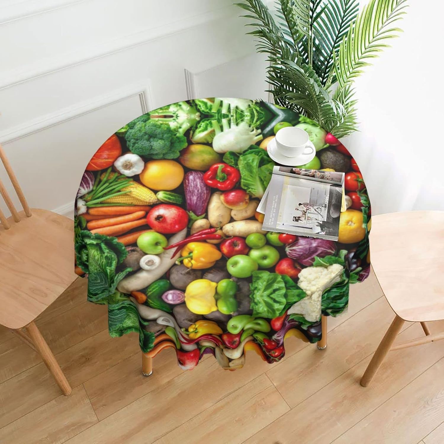 Fresh Fruits and Vegetables Tablecloth for Round Tables, Oil-Proof Spill-Proof and Easy Clean Tablecloth with Lace Trim, 60 inch Round Table Cloth.