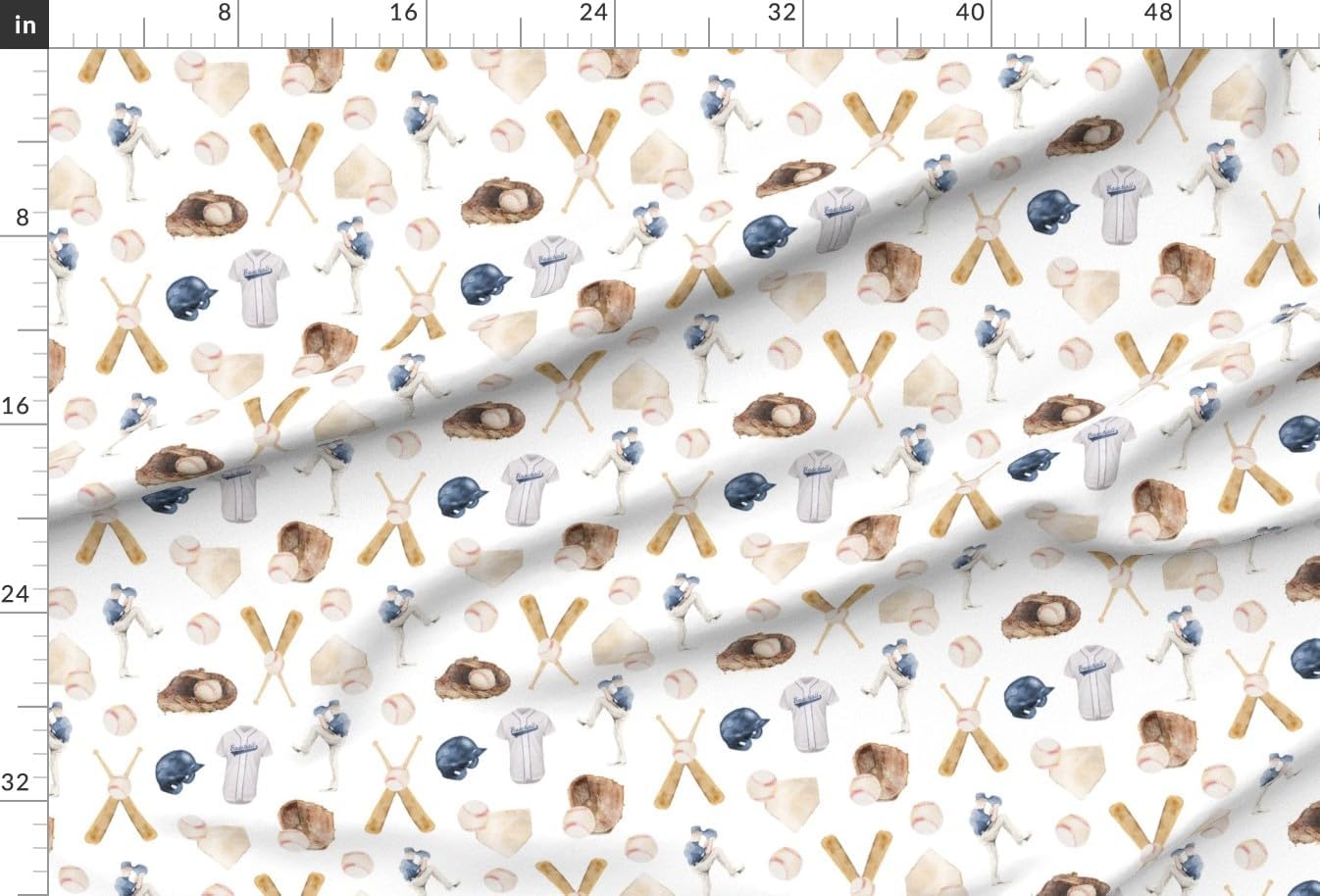 Spoonflower Fabric - Baseball Watercolor Summer Sports Batter Up Bat Ball Helmet Jersey Printed on Organic Cotton Sateen Fabric by The Yard - Sewing Quilting Apparel Home Decor