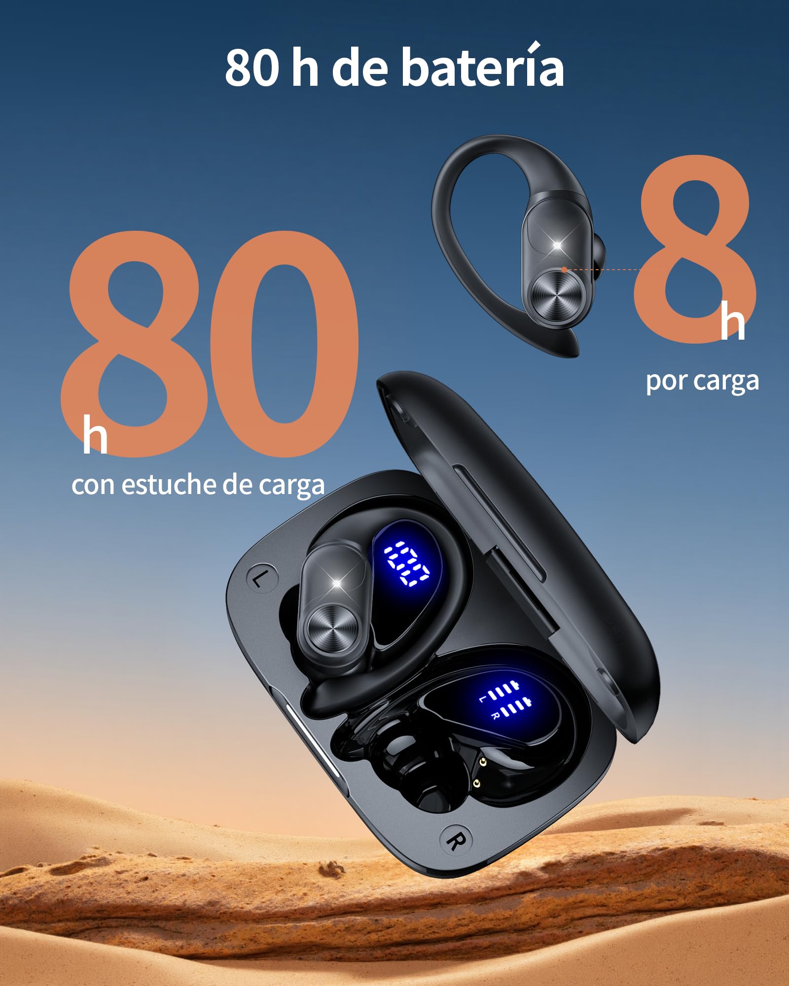 Auriculares Inalámbricos Bluetooth Deportivos 5.3 , 80h Autonomía, Doble Pantalla LED Batería, IPX7 Resistentes, Micrófono Integrado, Controles Físicos, Auriculares para Correr con Gancho de Oreja — view 3