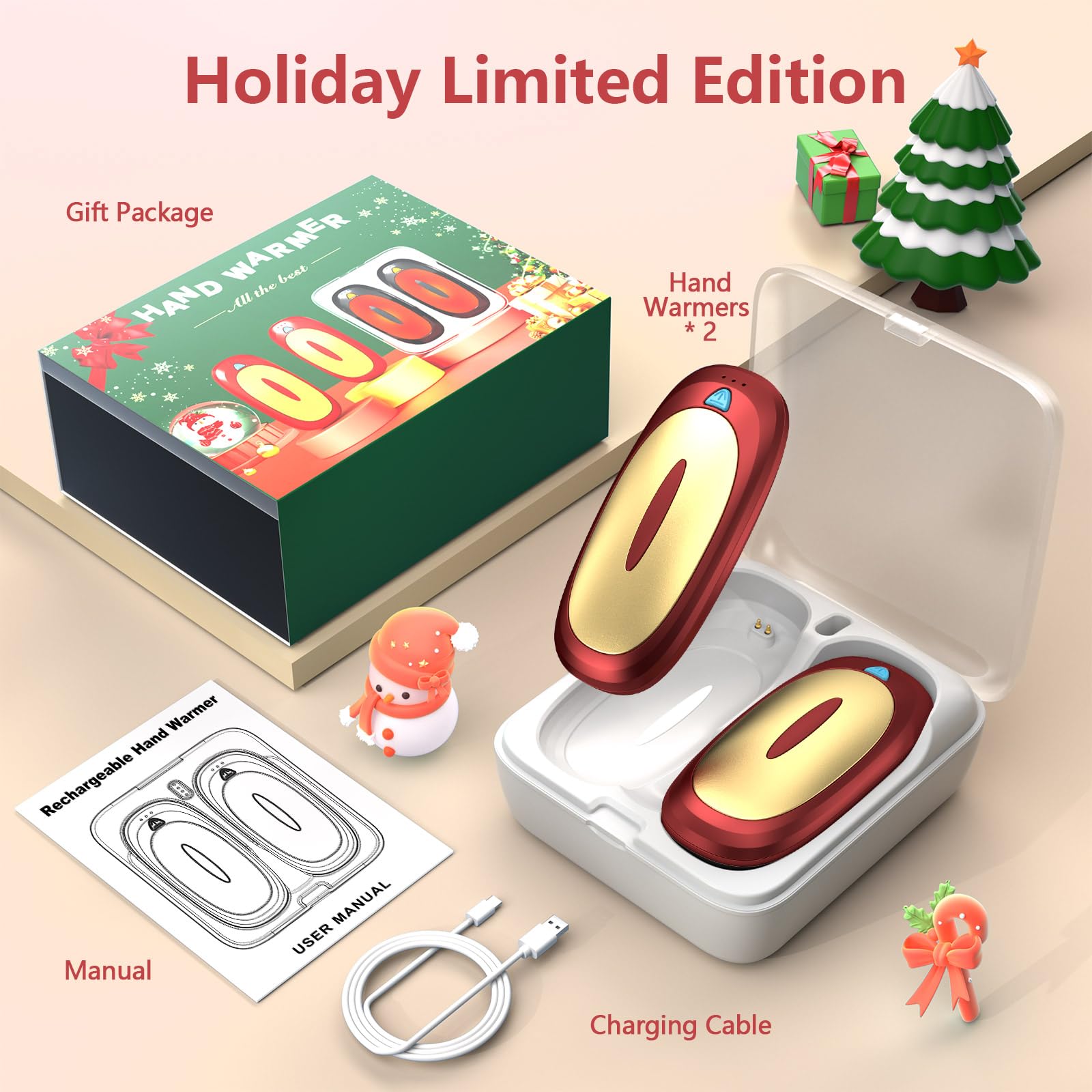 3-in-1 Electric Hand Warmers Rechargeable 2 Pack,14000mAh Portable Dual-Sided Handwarmer with Charging Case, 3 Levels Fast Heating Pocket Warmers,Gifts for Men,Women,Raynauds,Hunting Gear(Golden)