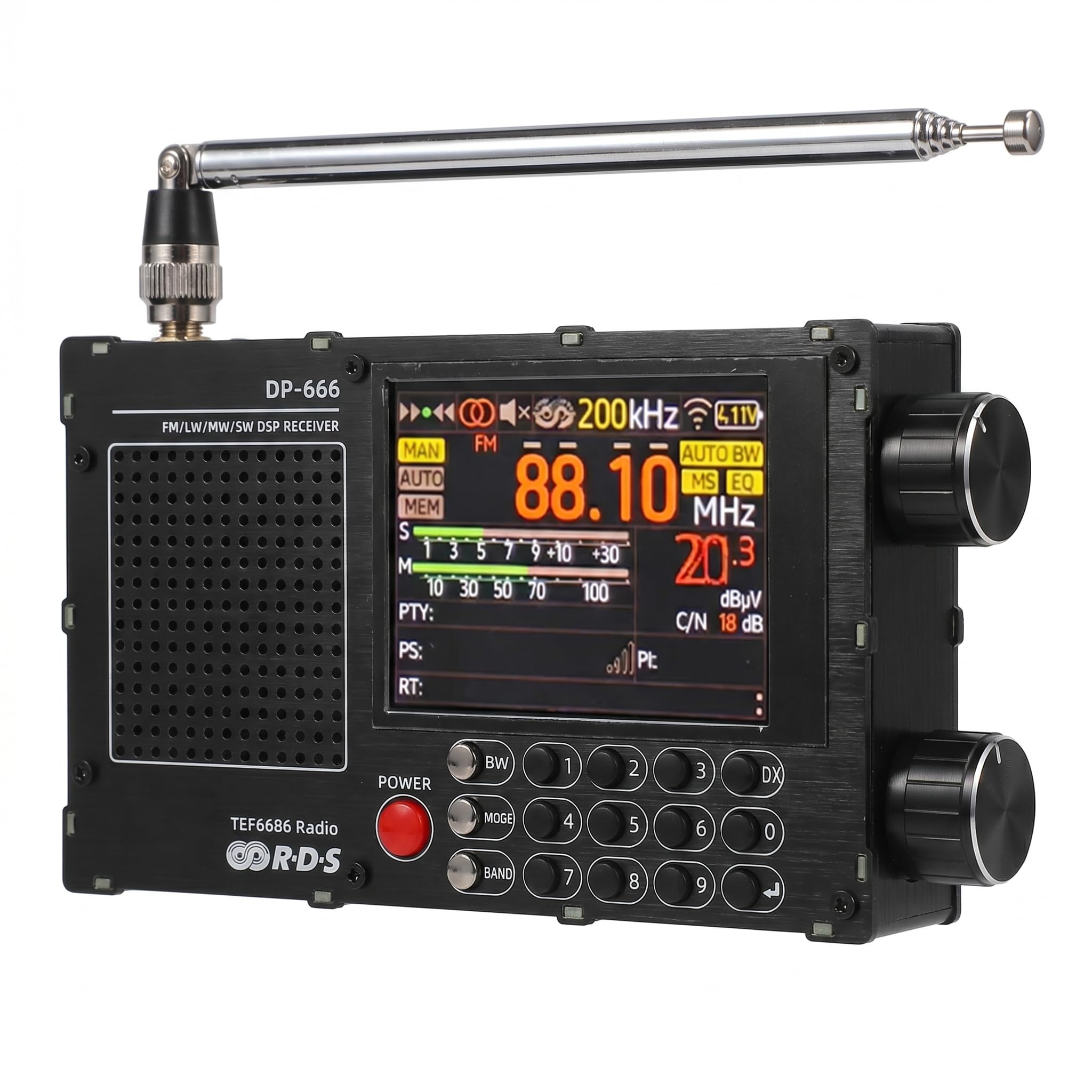 Radio portatile digitale, Radio a onde corte portatile, Radio portatile a onde corte, DP-666 TEF6686 digitale FM AM LW per ricevitore radio MW SW con display RDS, touch screen da 2,8 pollici (nero)