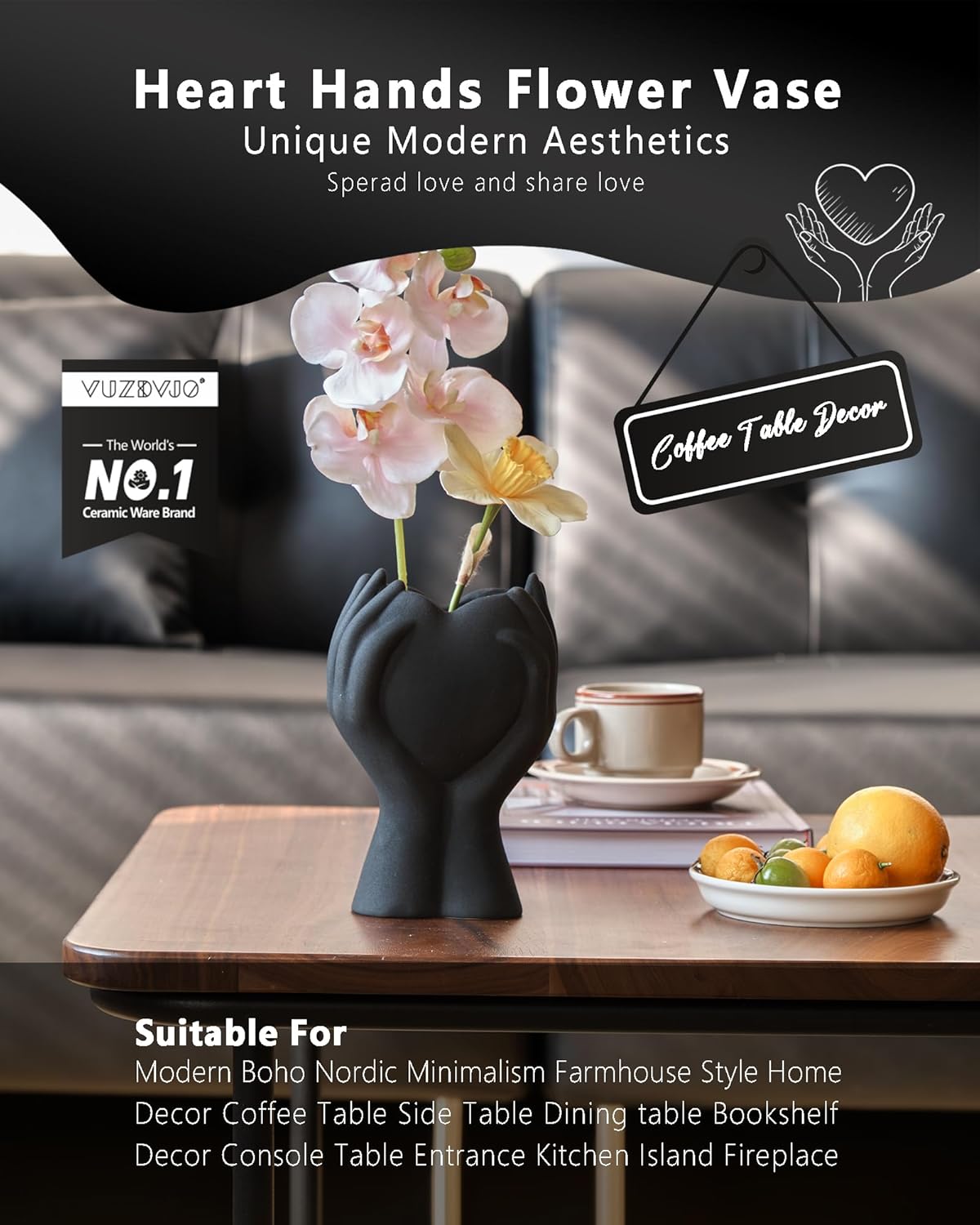 8" Heart Hand Black Ceramic Vase - Unique Modern Aesthetic Flowers Vase for Living Room Bedroom Office Kitchen Table Centerpiece or Shelf Decor-Gifts for Wedding Bridal Shower Women Mom (Black)
