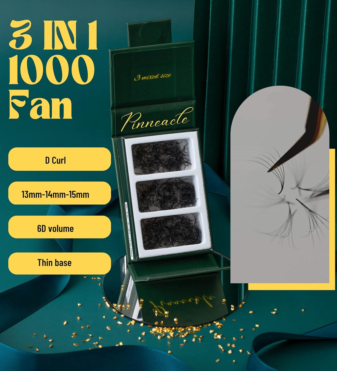 Premade volume 1000 Fans | 3 sizes-in-1 box | 6D | D CURL | 0.07 | Promade fans for eyelashes extensions | Handmade in Vietnam | Pinneacle (9mm-10mm-11mm)