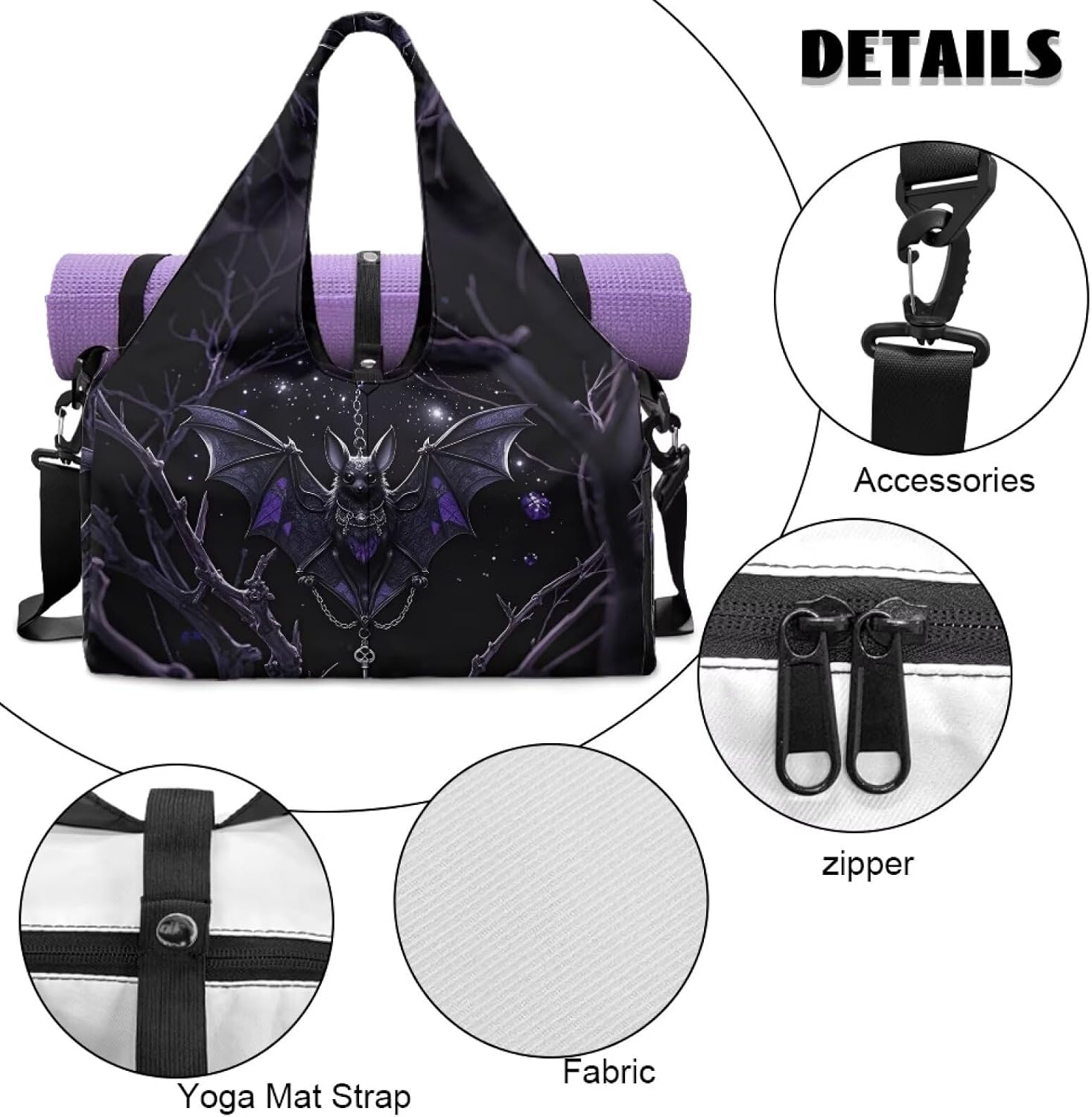 Goth Rose Bat Yoga Gym Bags for Women with Yoga Mat Holder Crow Skull Shoes Compartment Tote Handbag for Travel