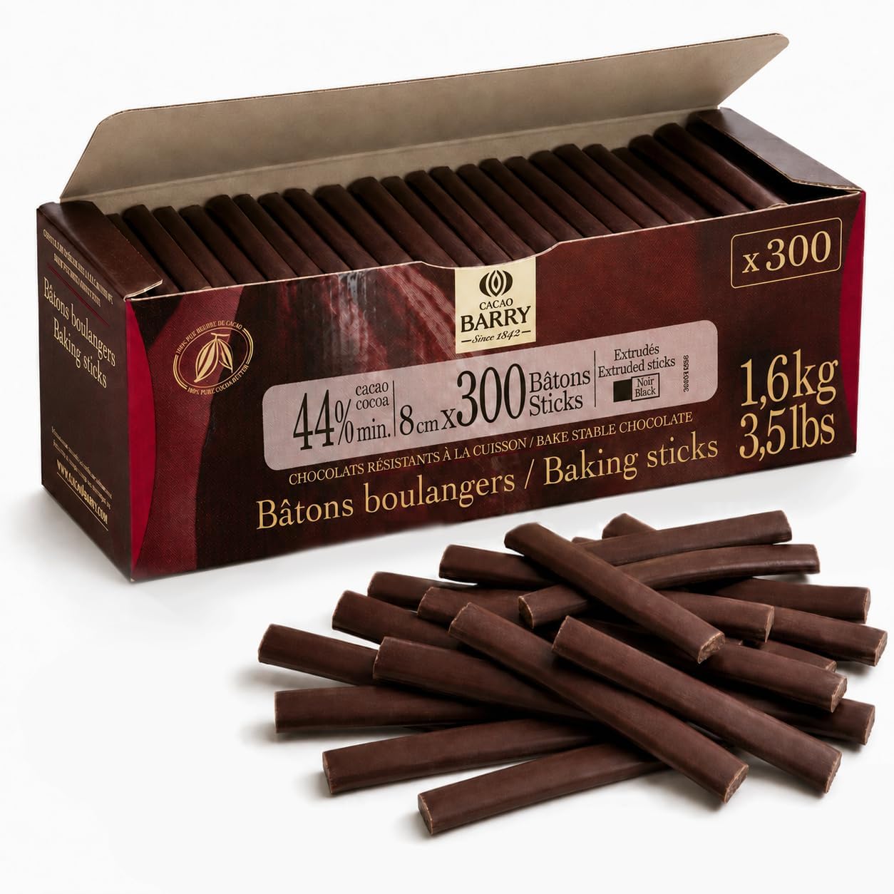 Cacao Barry Bittersweet Chocolate Baking Sticks - 44% Cacao - 300 x 8 cm sticks - 3.5 lbs total