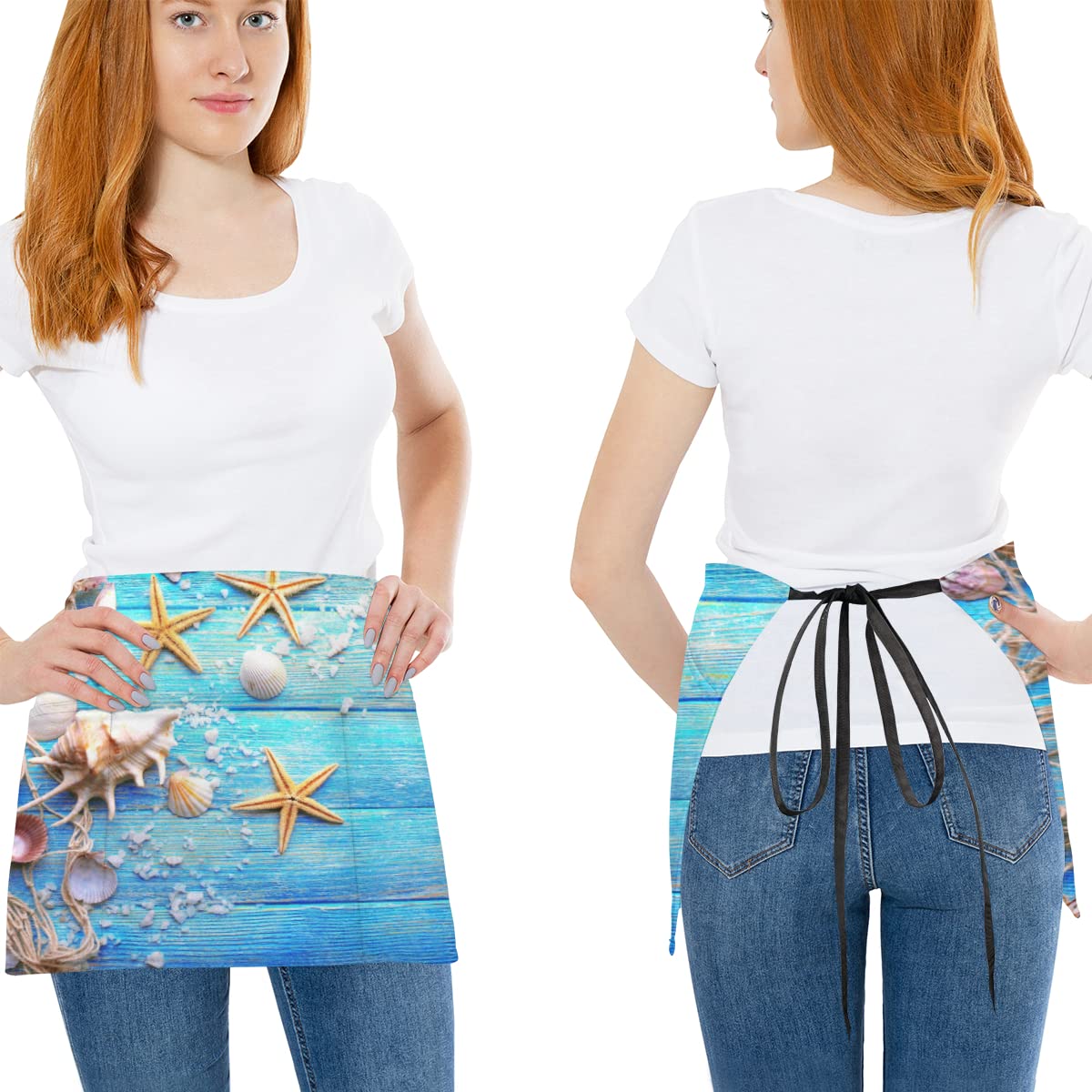 XMNYGJ 3 Pack Waist Apron Set Seastars Shells Waitress Aprons 3 Pockets Waterproof Half Apron for Bartender Restaurant Barista Teachers BBQs Parties