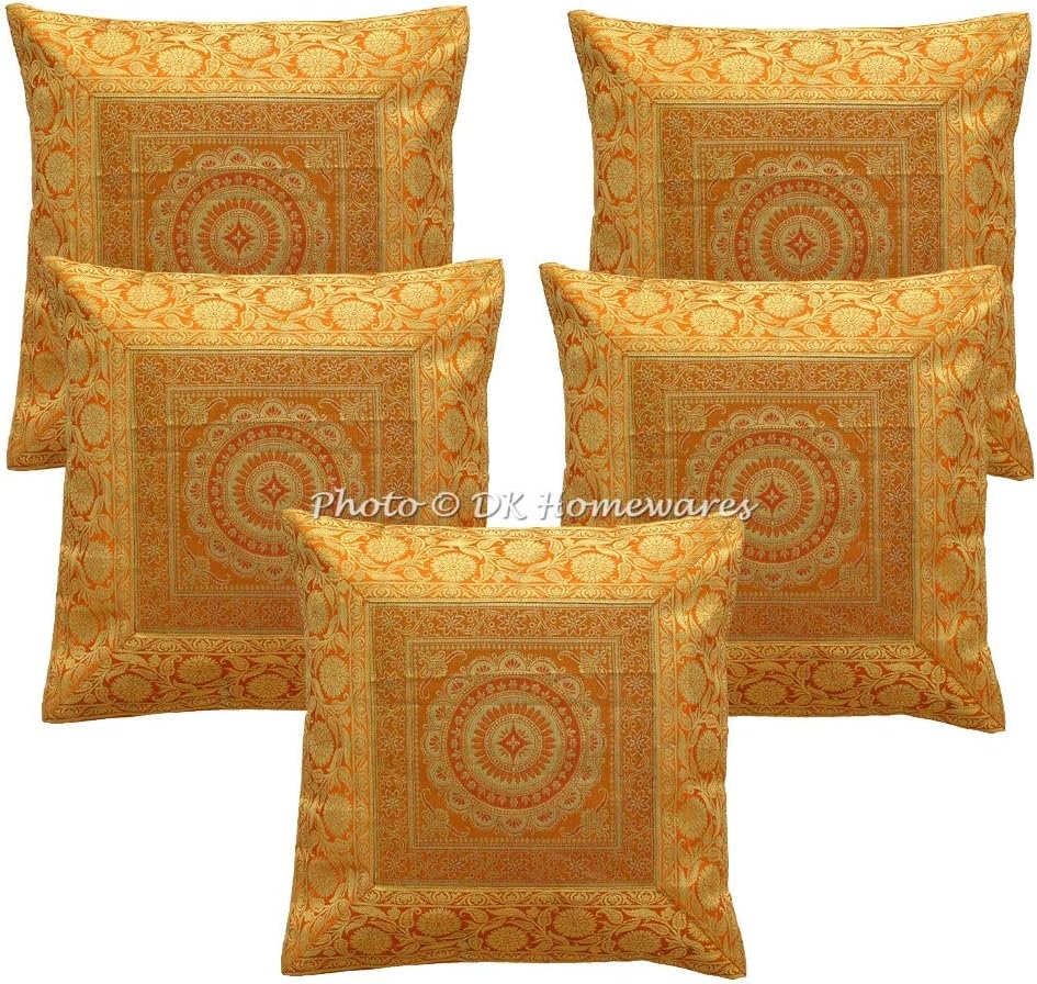 Boho Decorative Couch Throw Pillow Covers 16x16 Inch Brocade Jacquard Mandala Ethnic Square Cushion Covers (Size - 40x40 cm ; Color: Gold & Mustard Yellow) - Set of 5 Pcs (Cover Only)