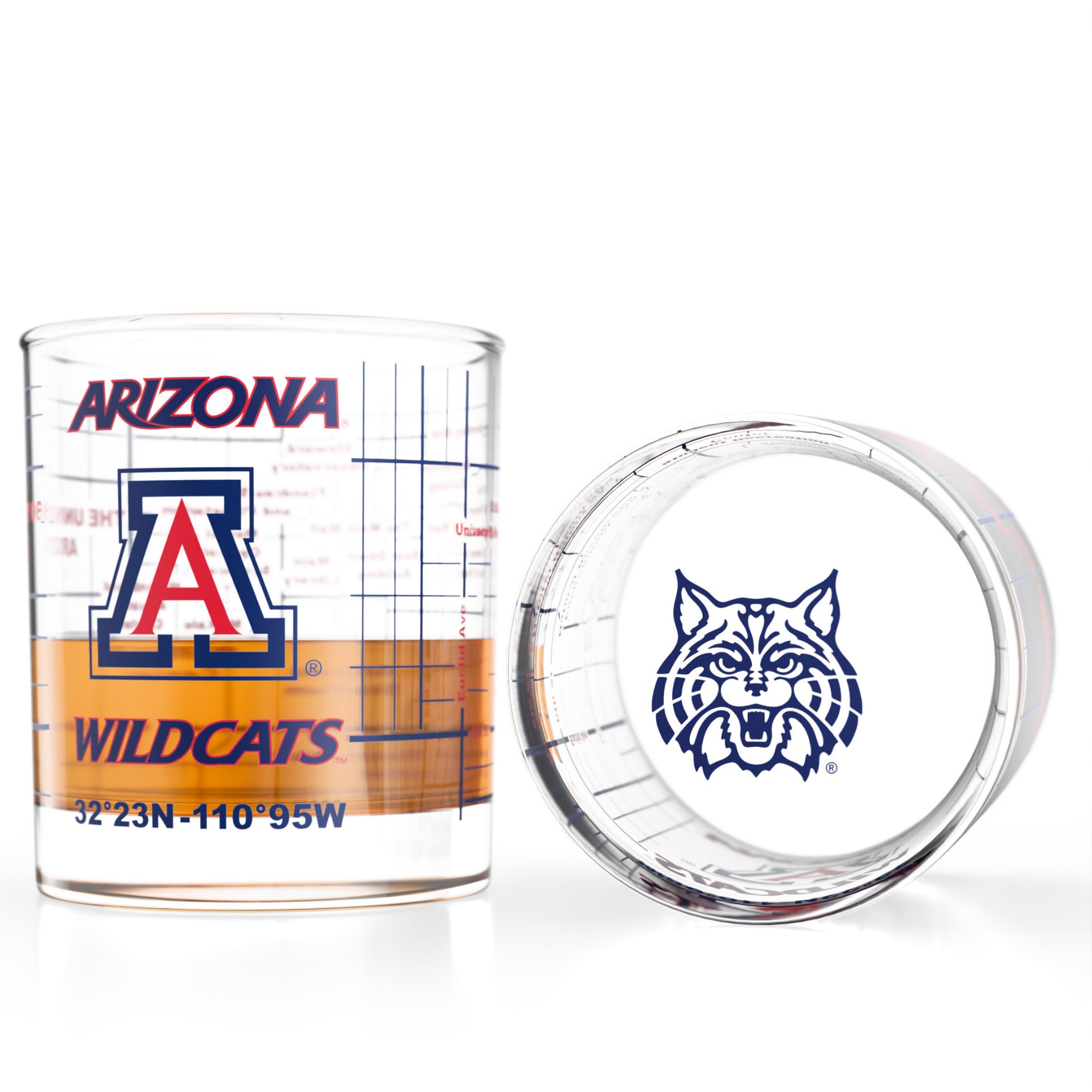 Greenline Goods University of Arizona Wildcats Whiskey Glasses Set of 2, 10 oz Rocks Glasses with Full-Color Logo &amp; Campus Map – Officially Licensed Bourbon Glass Gift for Alumni &amp; Fans