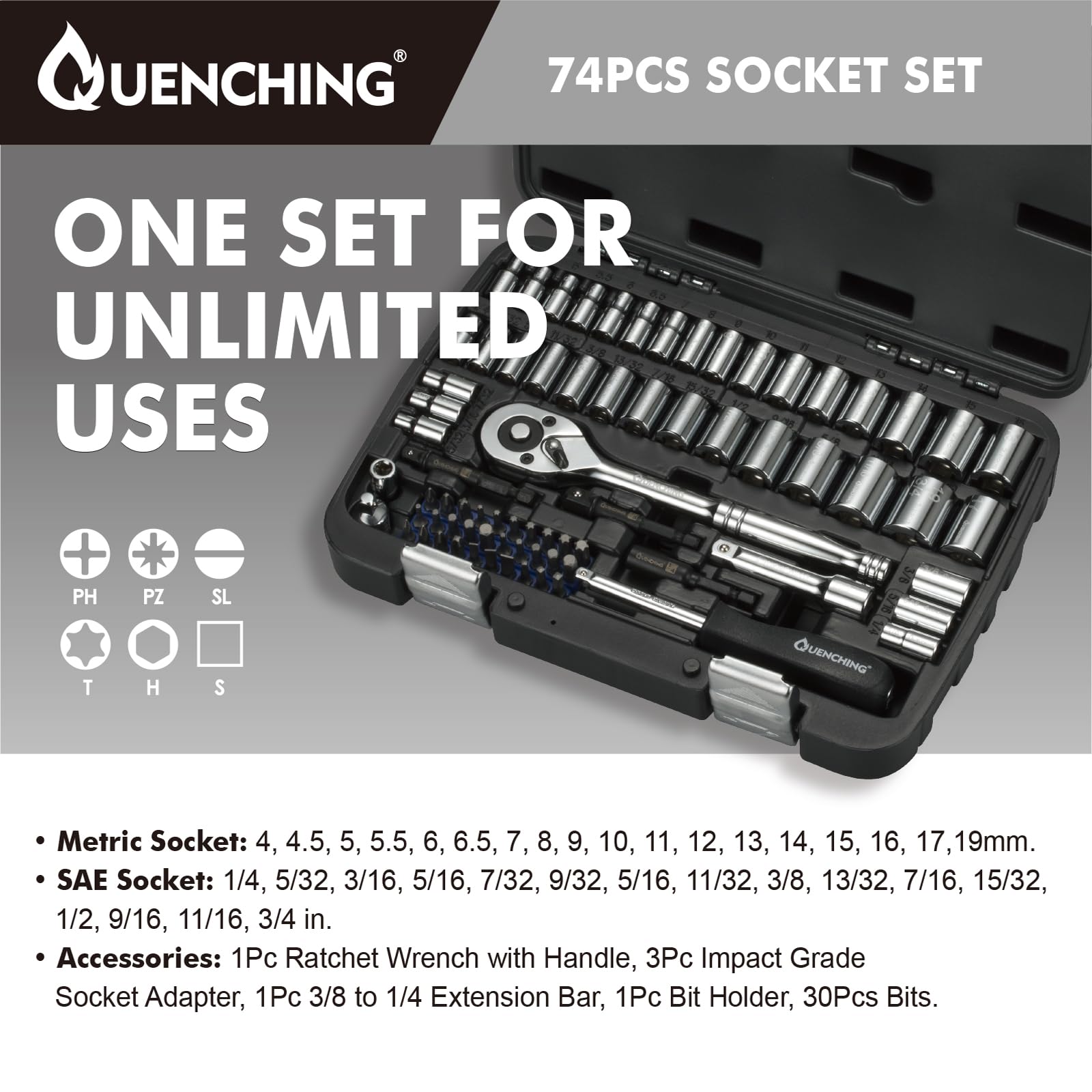 QUENCHING 74-Pcs 1/4 & 3/8 Inch Drive Socket Set with Ratchet Wrench, SAE/Metric (1/4-3/4 in, 4-19 mm) with Standard Sockets, Bit Set, Extension Bar, Adapter & Case for Auto Repair