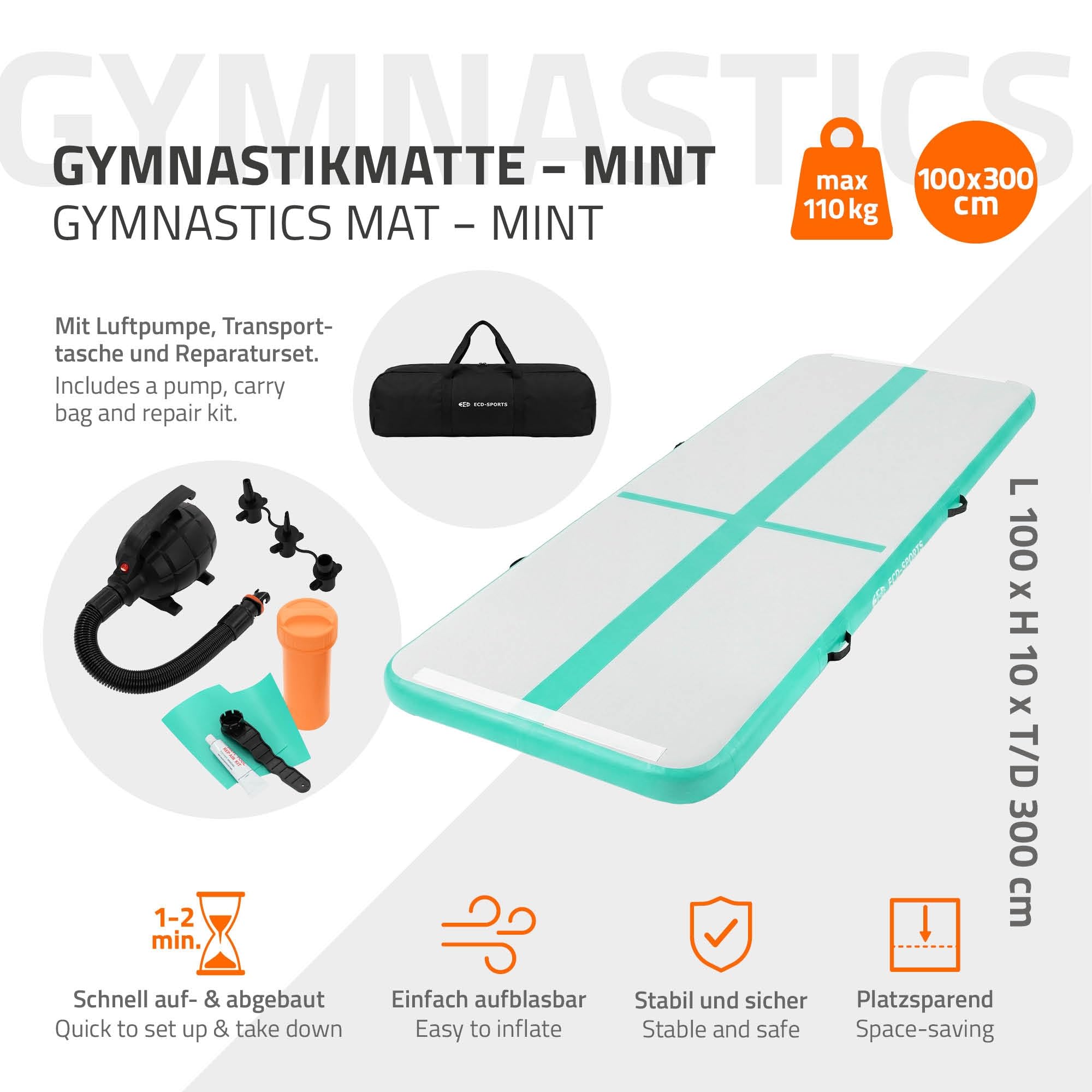 ECD Germany Tapis Airtrack 3m/4m/5m, Rose ou Vert Menthe, Épaisseur 10cm, Piste de Gymnastique Gonflable, Tumbling, Yoga, Pilates, Fitness, avec Pompe Électrique et Sac de Transport, Équipement Sport
