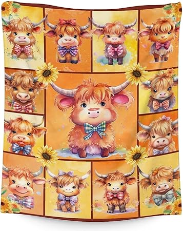 Highland Cow Blanket Gifts - 30x40 Inches Cute Throw Blanket for Girls & Boys - Yellow Soft Fuzzy Blankets for Couch & Office