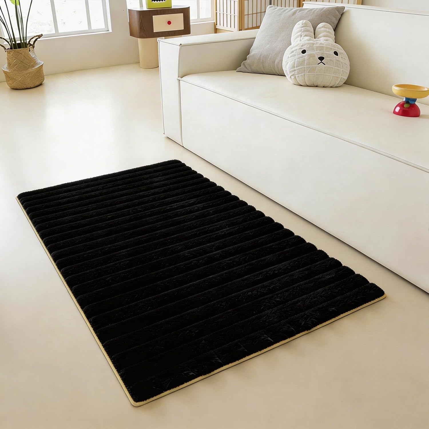 Black Rabbit Striped Plush Rug 2'x3', Fluffy Shaggy Area Rug for Nursery & Kids Room, Faux Fur Carpet for Girls Bedroom, Living Room, Teen Decor