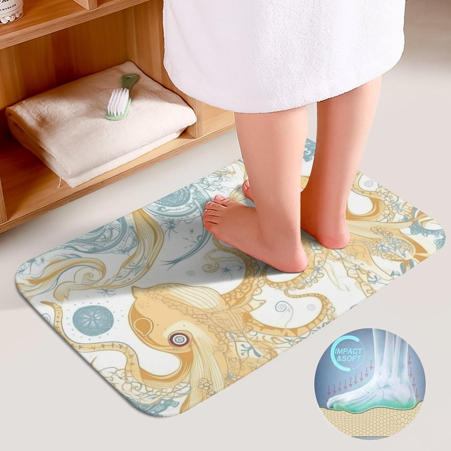 Anti-Skid Floor Mats 3 Piece Set,Light Yellow Fish Printed Coral Fleece Bathroom Mats U-Shaped Contour Mat Toilet Seat Cover for Bathroom, Tub, Shower, Kitchen 19.7"x31.5"
