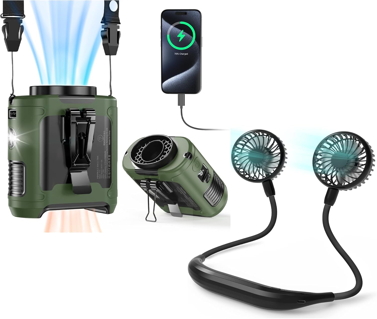 COMLIFE 10000mAh Portable Waist Clip Fan & Portable Neck Fan, Battery Powered Personal Wearable Fan for Indoor Outdoor Camping Fishing Jobsite Travel