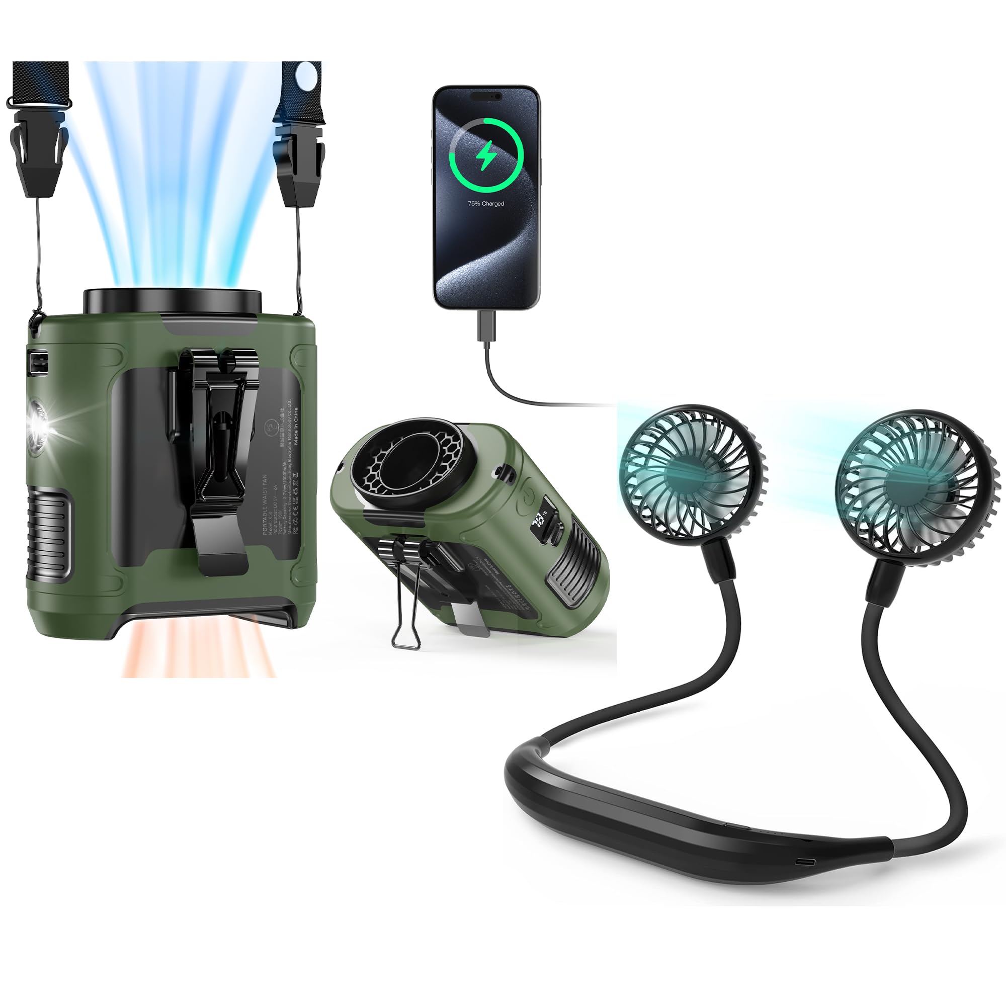 COMLIFE 10000mAh Portable Waist Clip Fan & Portable Neck Fan, Battery Powered Personal Wearable Fan for Indoor Outdoor Camping Fishing Jobsite Travel