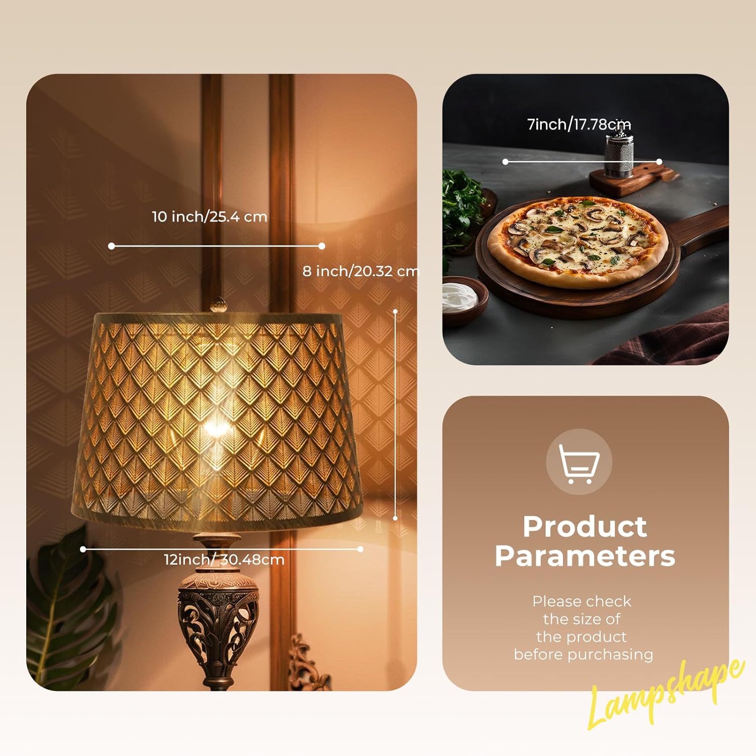 Metal Drum Lampshade, Medium Iron Lamp Shades for Table Pendant Floor Lamp, Replacement Shade 10" Top x 12" Bottom x 8" High, Spider Fitter, Etched Arrow Design Lamp Cover, Bronze Outer Gold Inner