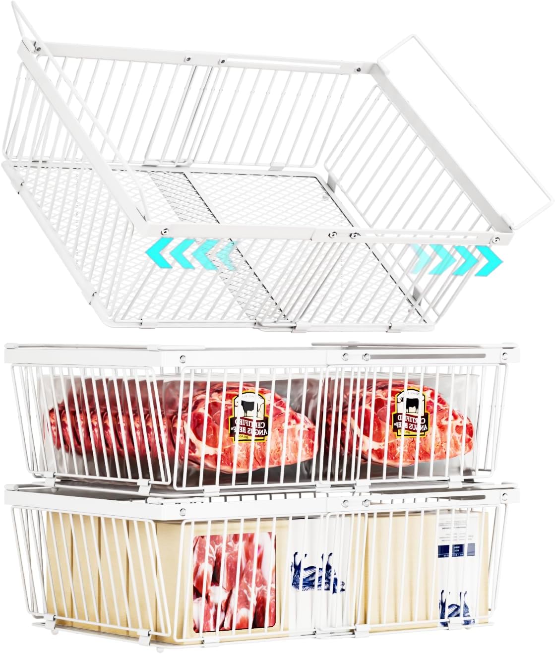 Large Freezer Organizer Bins，Upgraded Bottom Leak-Proof net，3 Pack， Expandable Stackable Chest Freezer Containers with Handle，for Fridge, Deep Freezer, Cabinet, Kitchen, Pantry (White-3Pack)