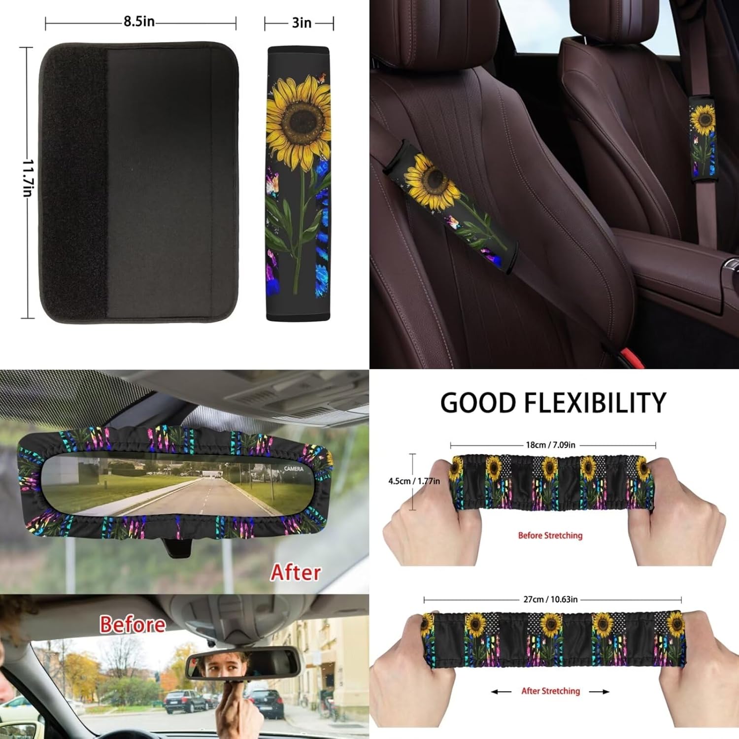 Suobstales Sunflower American Flag Tie Dye Print Car Seat Covers Set of 13 with Universal Steering Wheel Cover, Rearview Mirror Cover, Car Trash Can, Seatbelt Pads, Cup Holder Coasters, Keychains