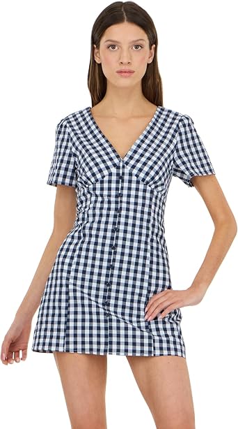 Forever 21 Womens V-Neck Plaid Dress with Front Placket