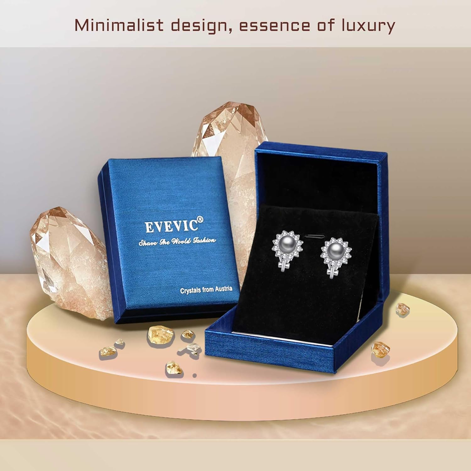 EVEVIC Austrian Crystal Pearl Clip On Earrings for Women Non Pierced Earings 14K Gold Plated Hypoallergenic Jewelry - Image 5