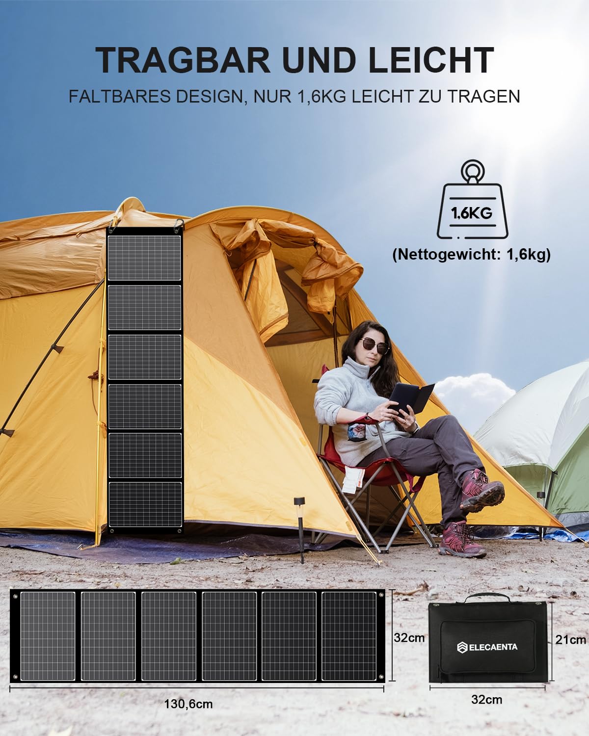 ELECAENTA 60W Faltbar Solar Ladegerät ETFE Monokristallinem Solarpanel USB-C PD45W USB QC3.0 DC 18V Wasserdicht