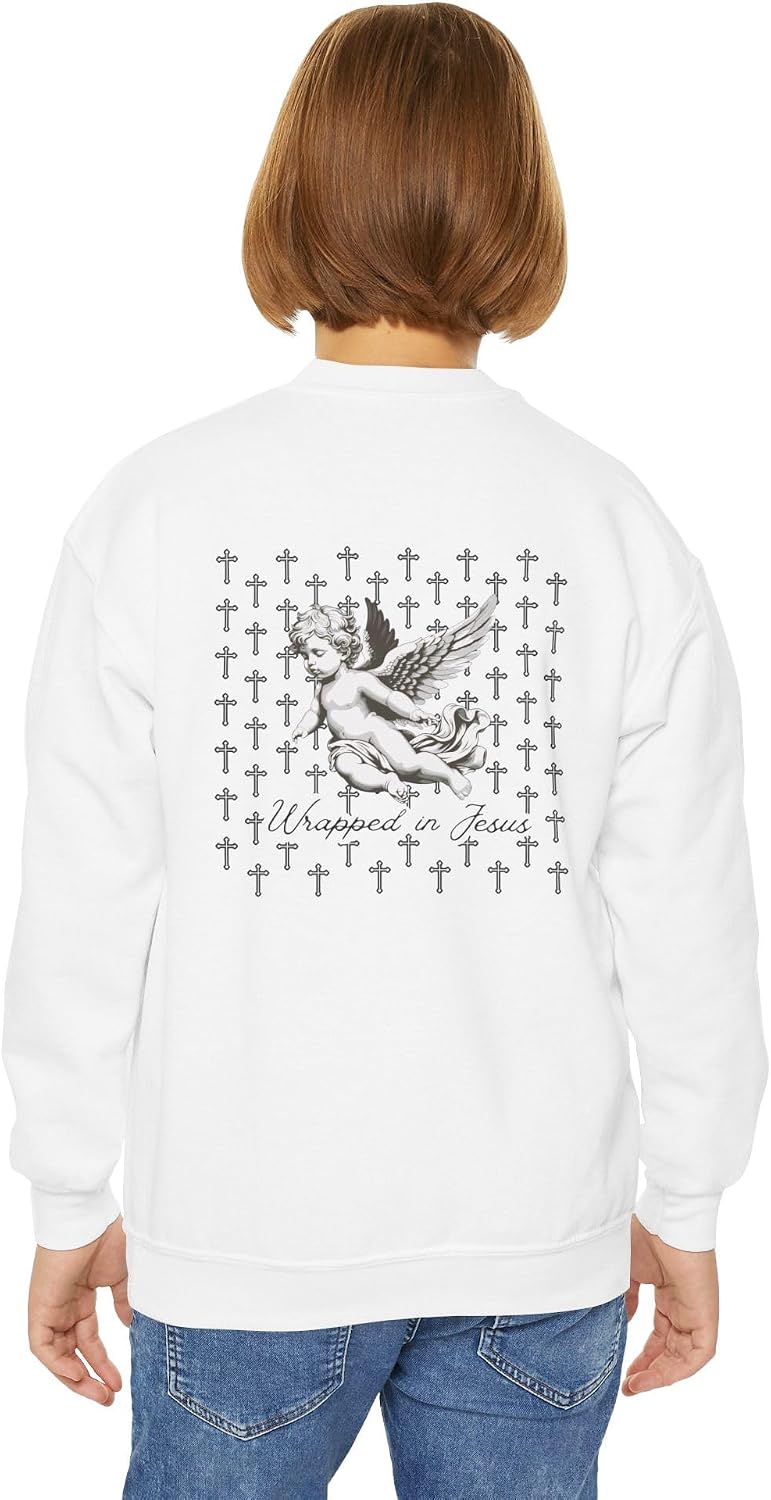 Boys Youth Crewneck Sweatshirt Angel Cherub Cross Design, 'Jesus' Faith Graphic Pullover.
