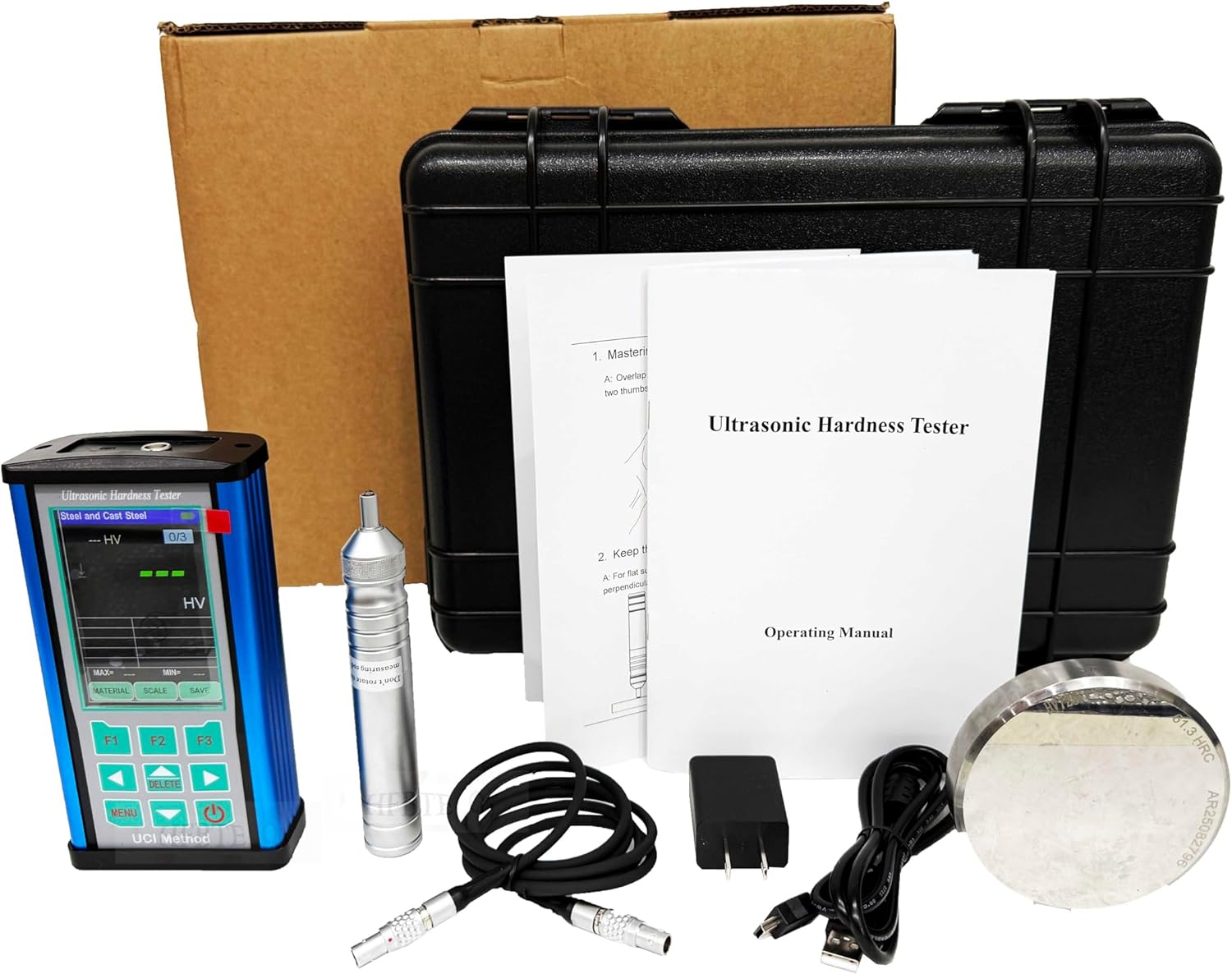 Professional Ultrasonic Hardness Tester Portable Ultrasonic Durometer For Surface hardness,Plasma Nitriding,Small Complex Formed Parts,Aluminum With Probe 1kgf Test force 10N HV HB HRB HRC HRA