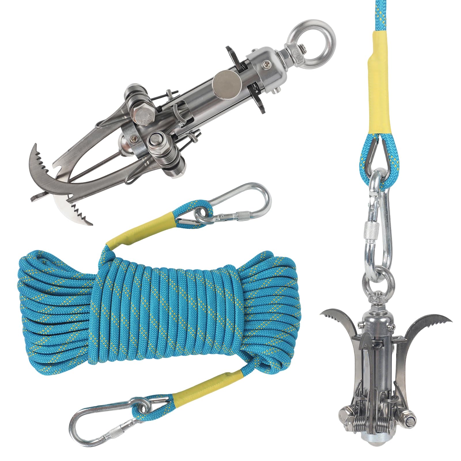 Grappin à 3 griffes auto-agrippant - En acier inoxydable - Robuste - Pliable - Pour la survie en plein air, le camping, la randonnée, l'escalade dans les arbres - Avec bouton de verrouillage de